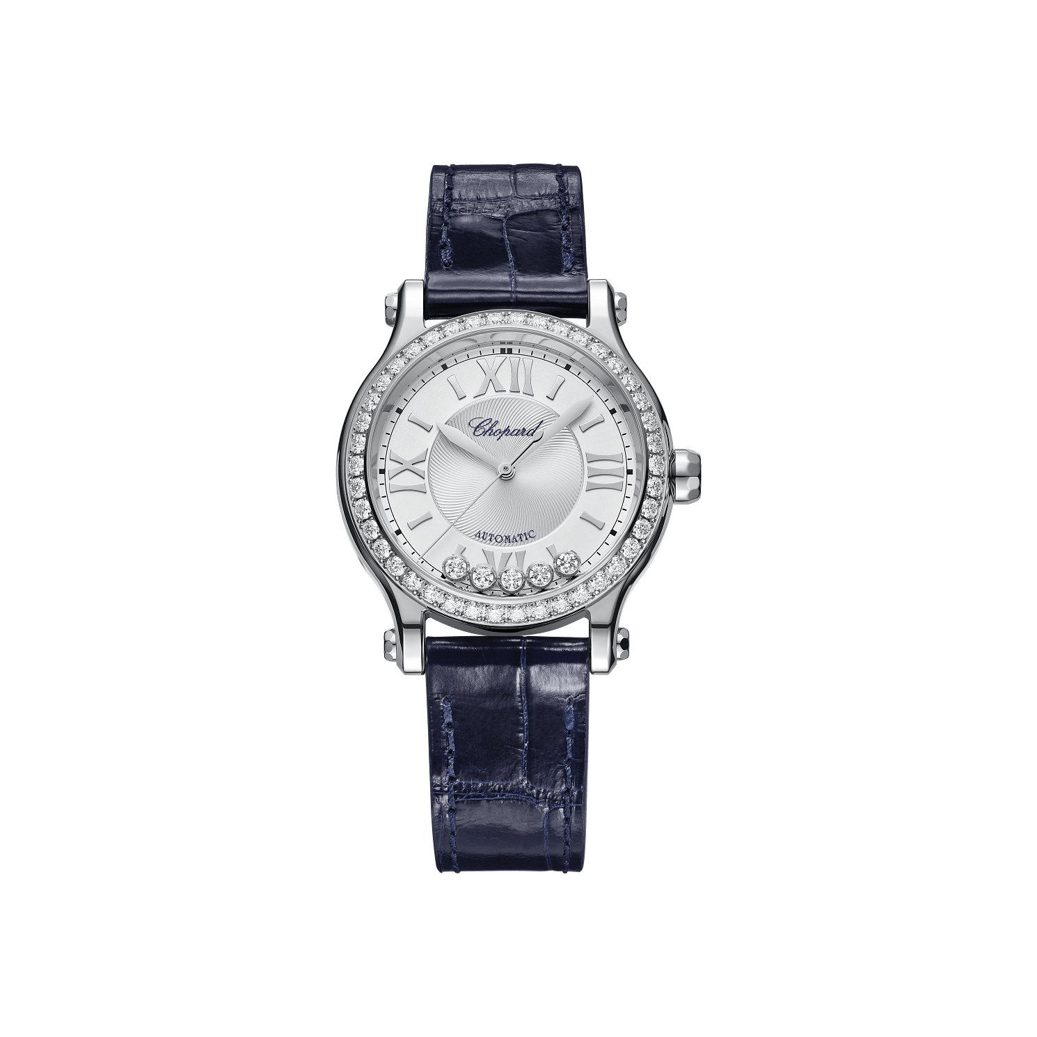 Chopard Happy Sport 33 mm Silver Dial with Diamonds Stainless Steel   Leather Strap 278608-3003 - WATCHXNYC