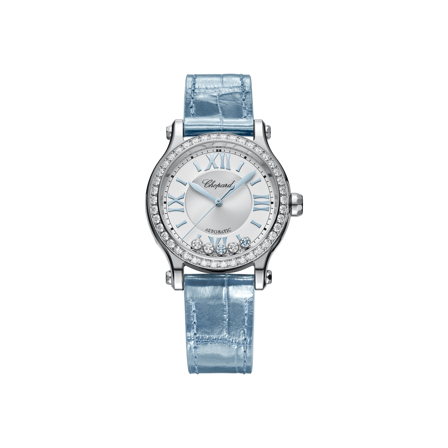 Chopard Happy Sport 33 mm Silver Dial with Diamonds Stainless Steel   Leather Strap 278608-3009 - WATCHXNYC