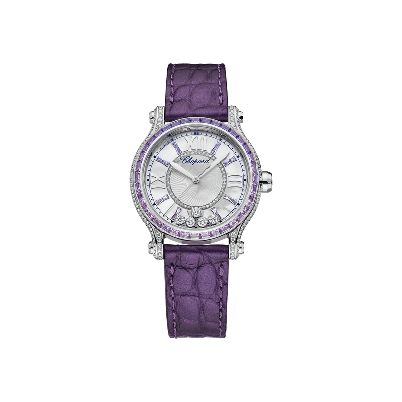 Chopard Happy Sport 33 mm Textured Mother-Of-Pearl Dial with Diamonds 18K White Gold   Leather Strap 275378-1002