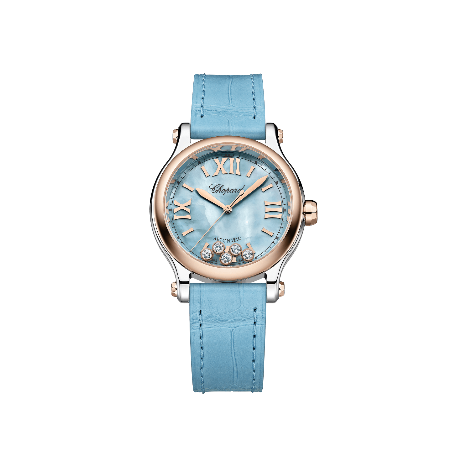 Chopard Happy Sport 33 mm Turquoise Textured Mother-Of-Pearl Dial with Diamonds 18K Rose Gold And Stainless Steel   Leather Strap 278608-6013 - WATCHXNYC