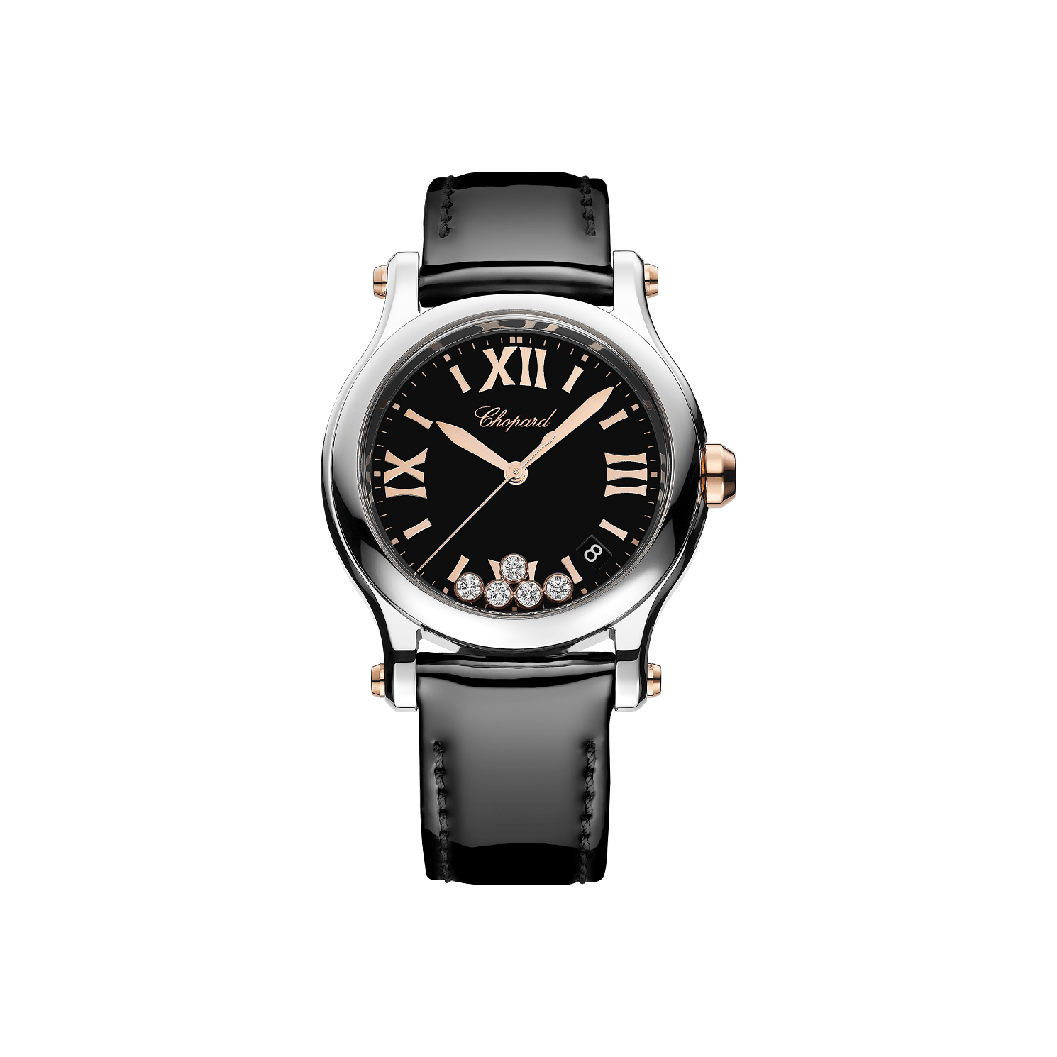 Chopard Happy Sport 36 mm Black Dial with Diamonds 18K Rose Gold And Stainless Steel   Leather Strap 278582-6014 - WATCHXNYC