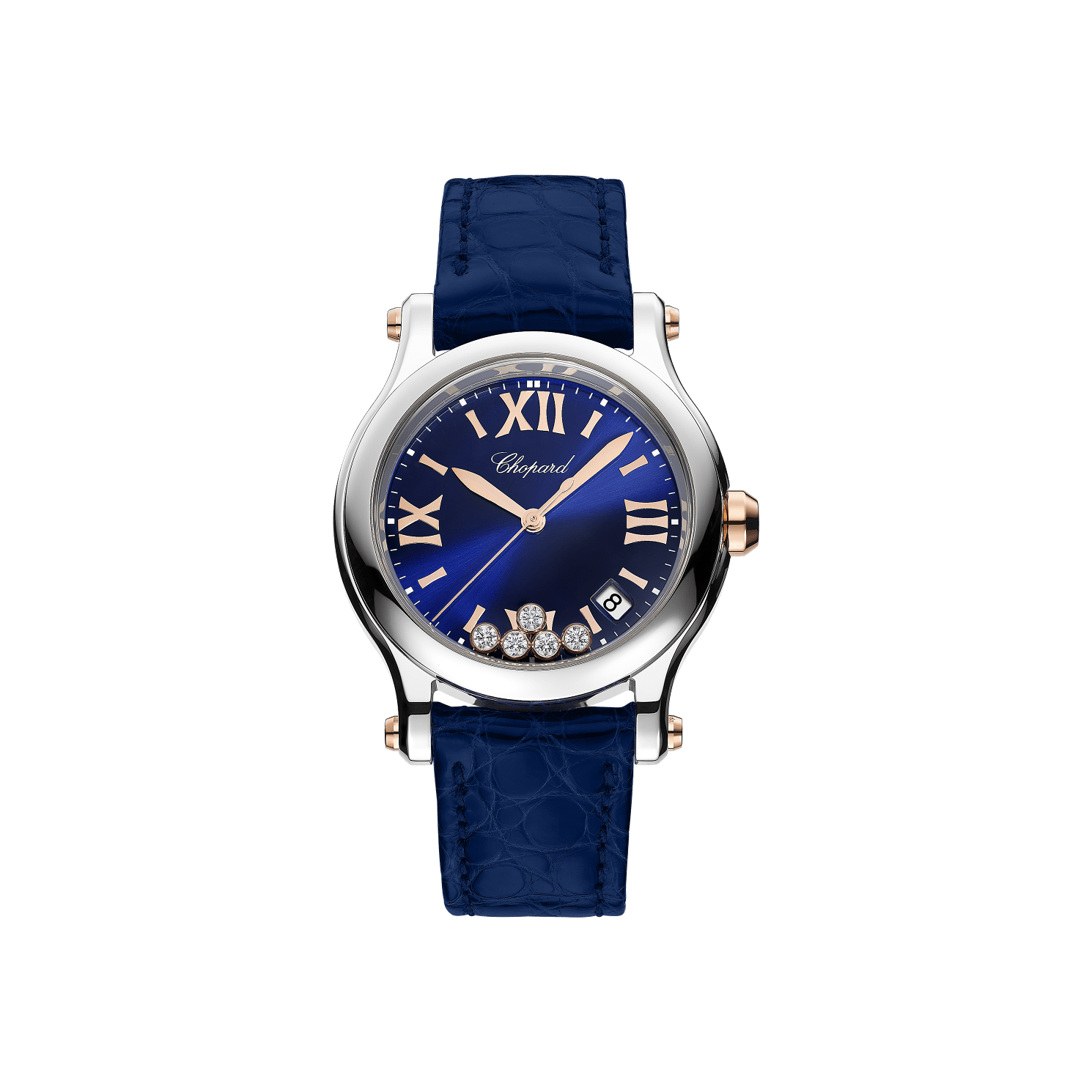 Chopard Happy Sport 36 mm Blue Dial with Diamonds 18K Rose Gold And Stainless Steel   Leather Strap 278582-6012 - WATCHXNYC