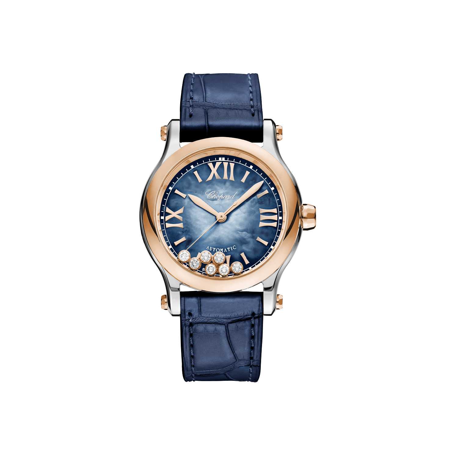 Chopard Happy Sport 36 mm Blue Mother-Of-Pearl Dial with Diamonds 18K Rose Gold And Stainless Steel   Leather Strap 278578-6003 - WATCHXNYC