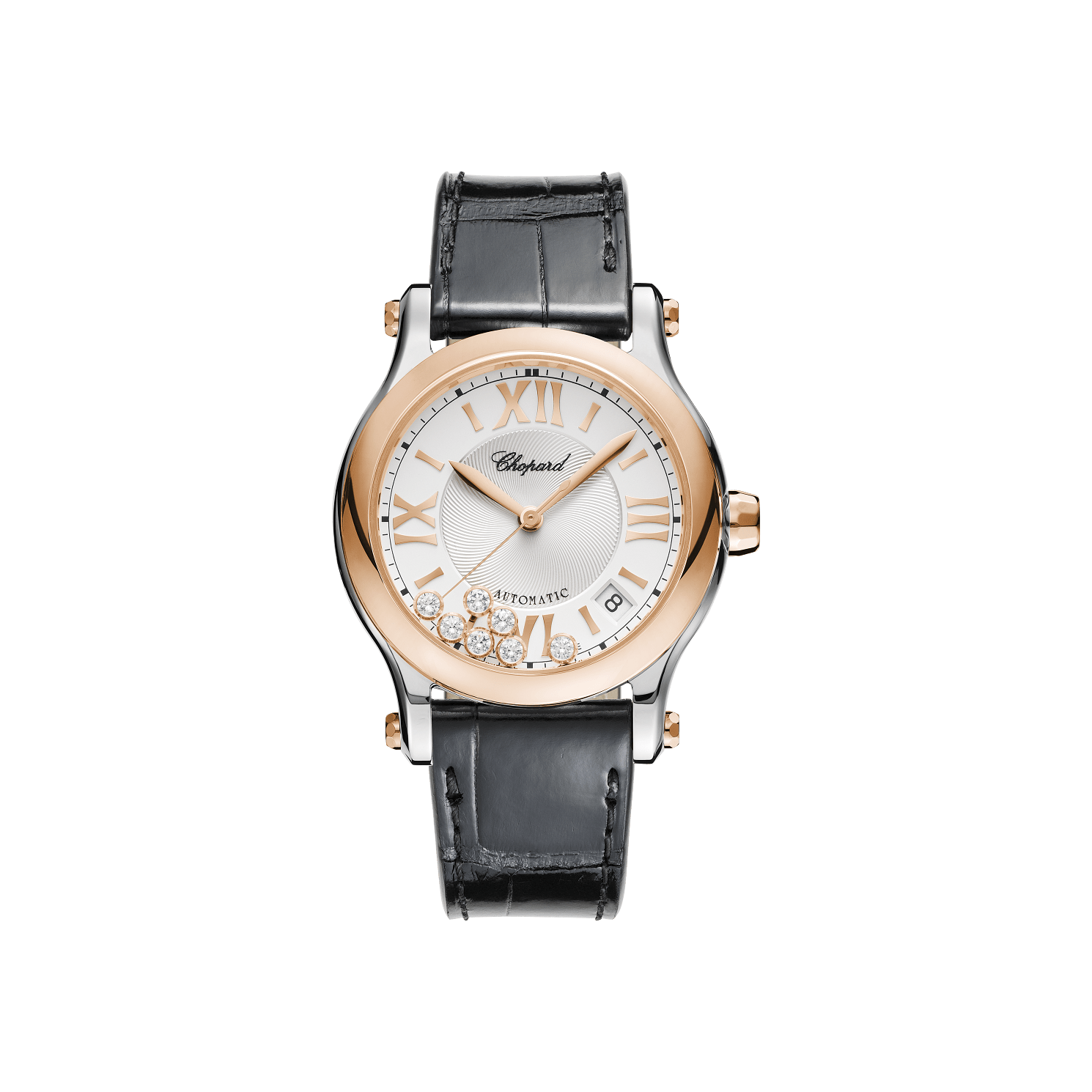 Chopard Happy Sport 36 mm Silver Dial with Diamonds 18K Rose Gold And Stainless Steel   Leather Strap 278559-6001 - WATCHXNYC
