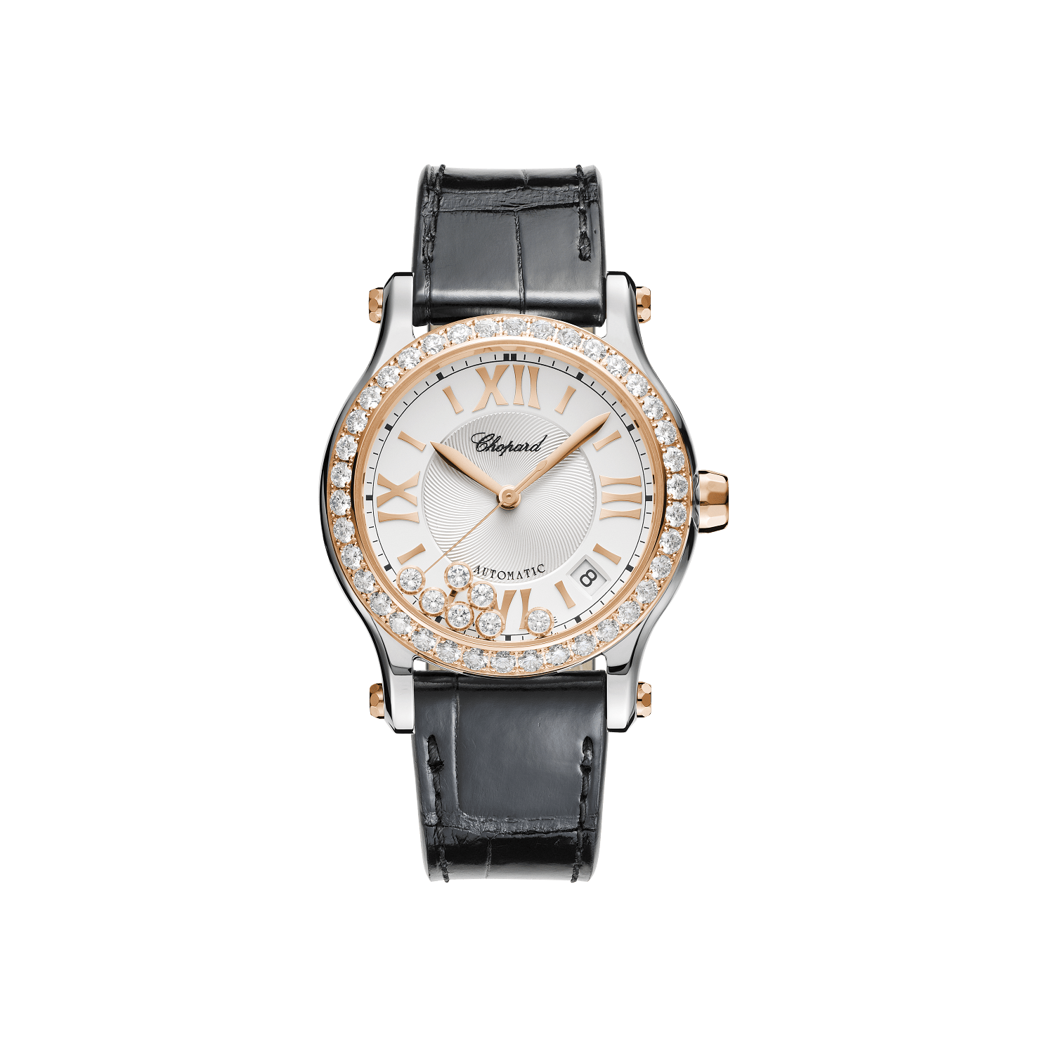 Chopard Happy Sport 36 mm Silver Dial with Diamonds 18K Rose Gold And Stainless Steel   Leather Strap 278559-6003 - WATCHXNYC
