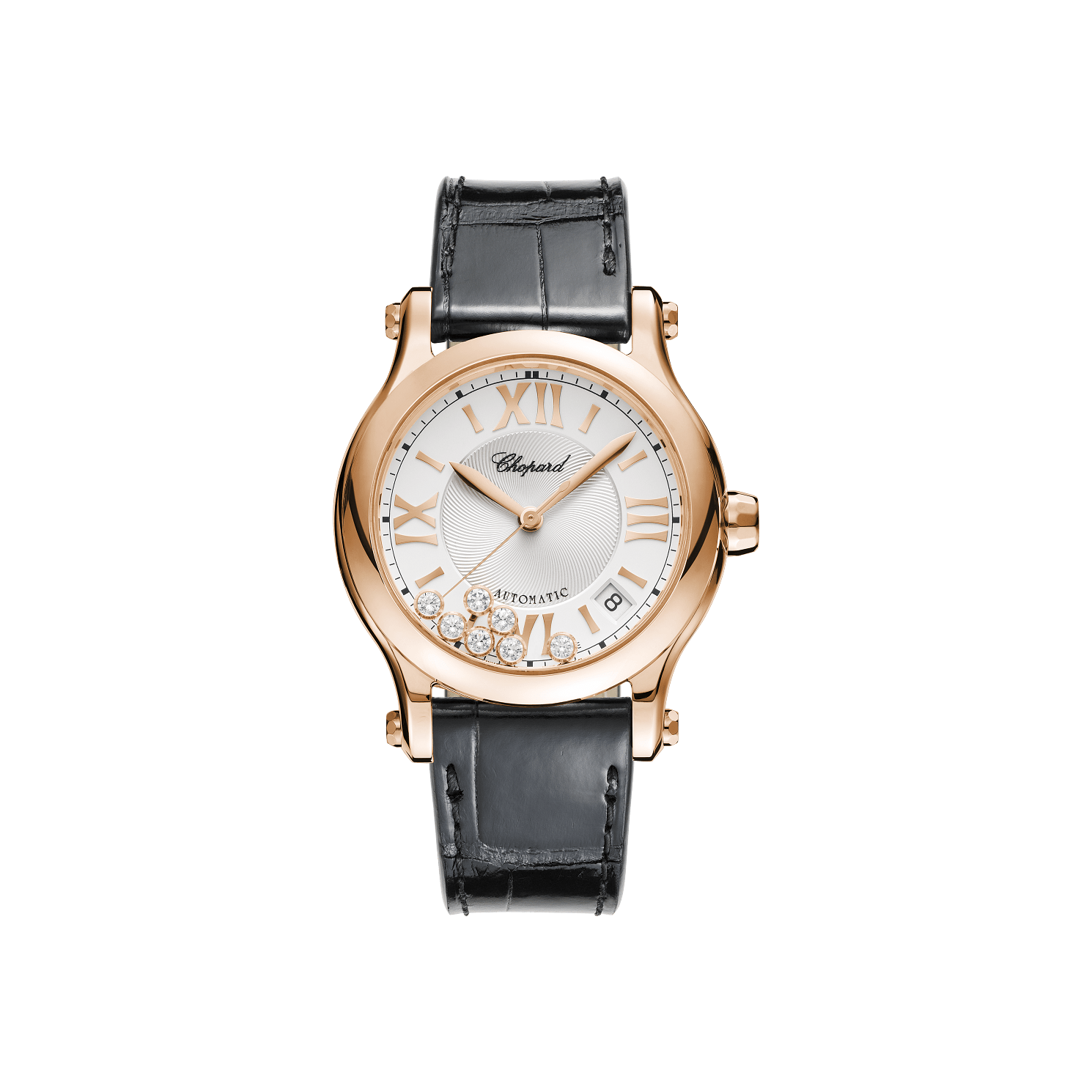Chopard Happy Sport 36 mm Silver Dial with Diamonds 18k Rose Gold   Leather Strap 274808-5001 - WATCHXNYC