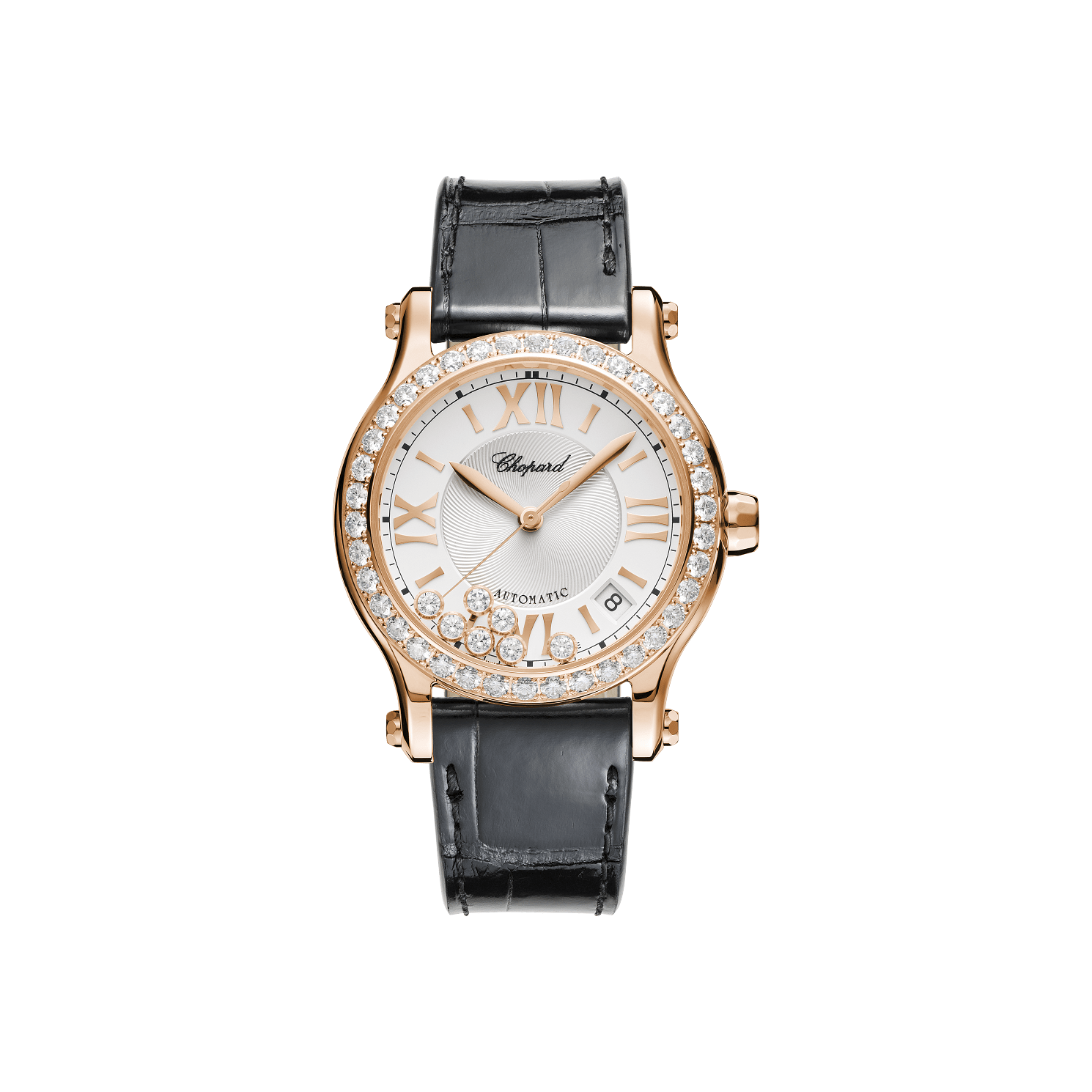 Chopard Happy Sport 36 mm Silver Dial with Diamonds 18k Rose Gold   Leather Strap 274808-5003 - WATCHXNYC