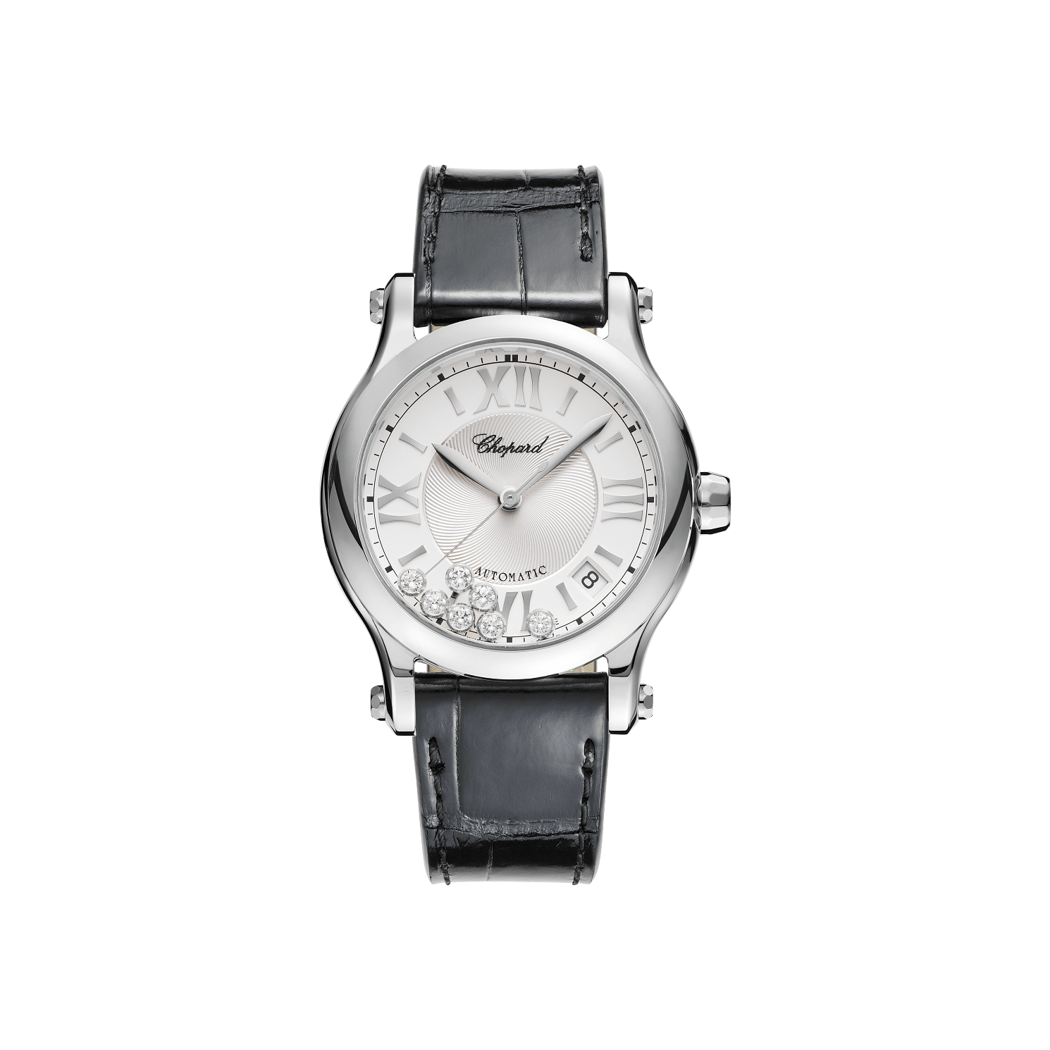 Chopard Happy Sport 36 mm Silver Dial with Diamonds Stainless Steel   Leather Strap 278559-3001 - WATCHXNYC