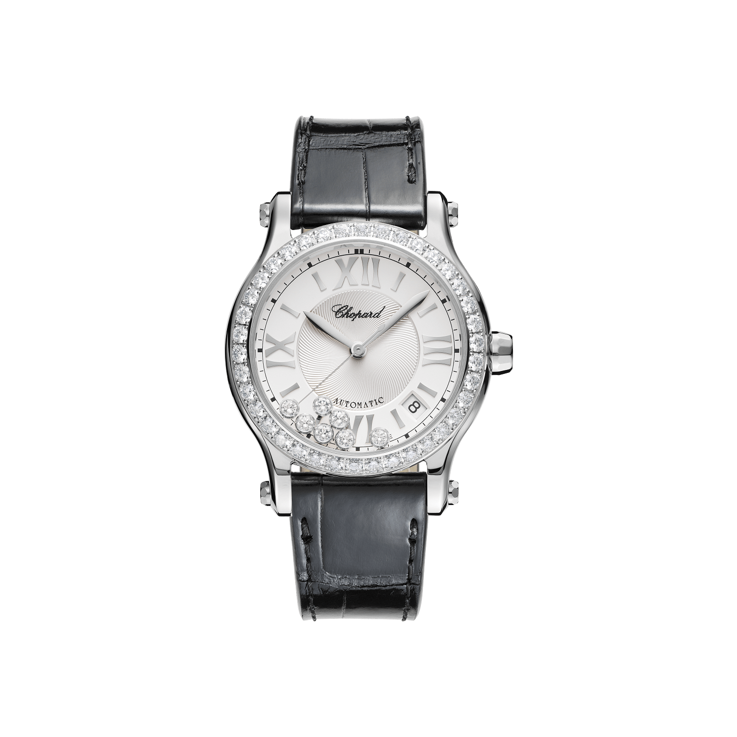 Chopard Happy Sport 36 mm Silver Dial with Diamonds Stainless Steel   Leather Strap 278559-3003 - WATCHXNYC