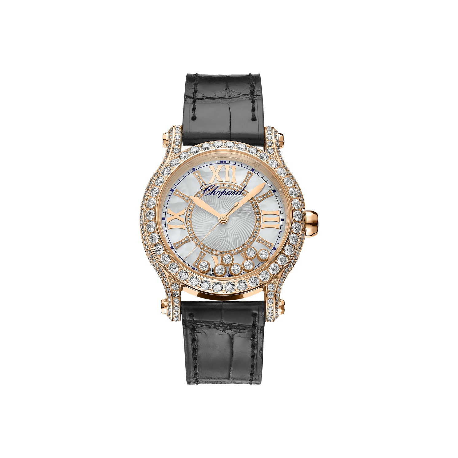 Chopard Happy Sport 36 mm Textured Mother-Of-Pearl Dial with Diamonds 18k Rose Gold   Leather Strap 274891-5009 - WATCHXNYC