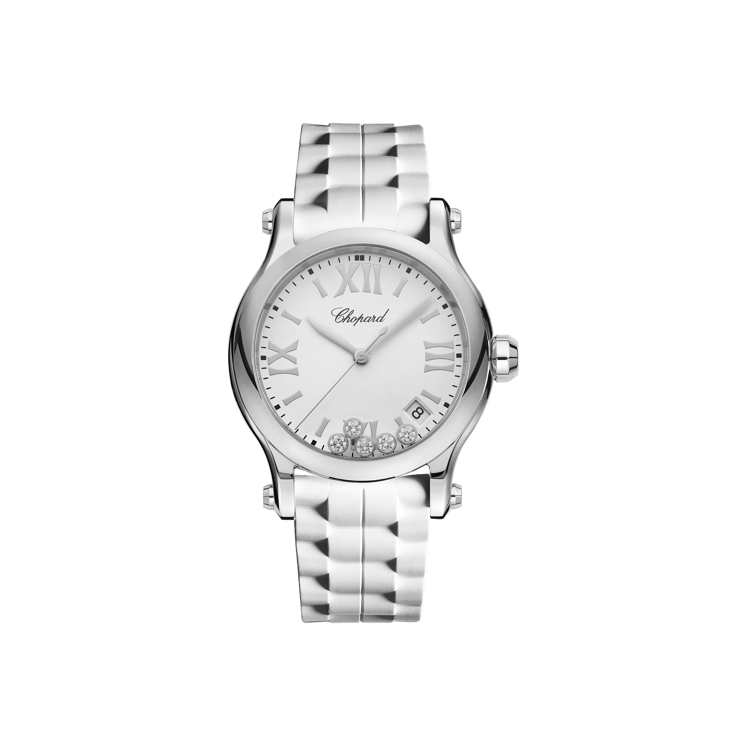 Chopard Happy Sport 36 mm White Dial with Diamonds Stainless Steel Rubber Strap 278582-3001 - WATCHXNYC
