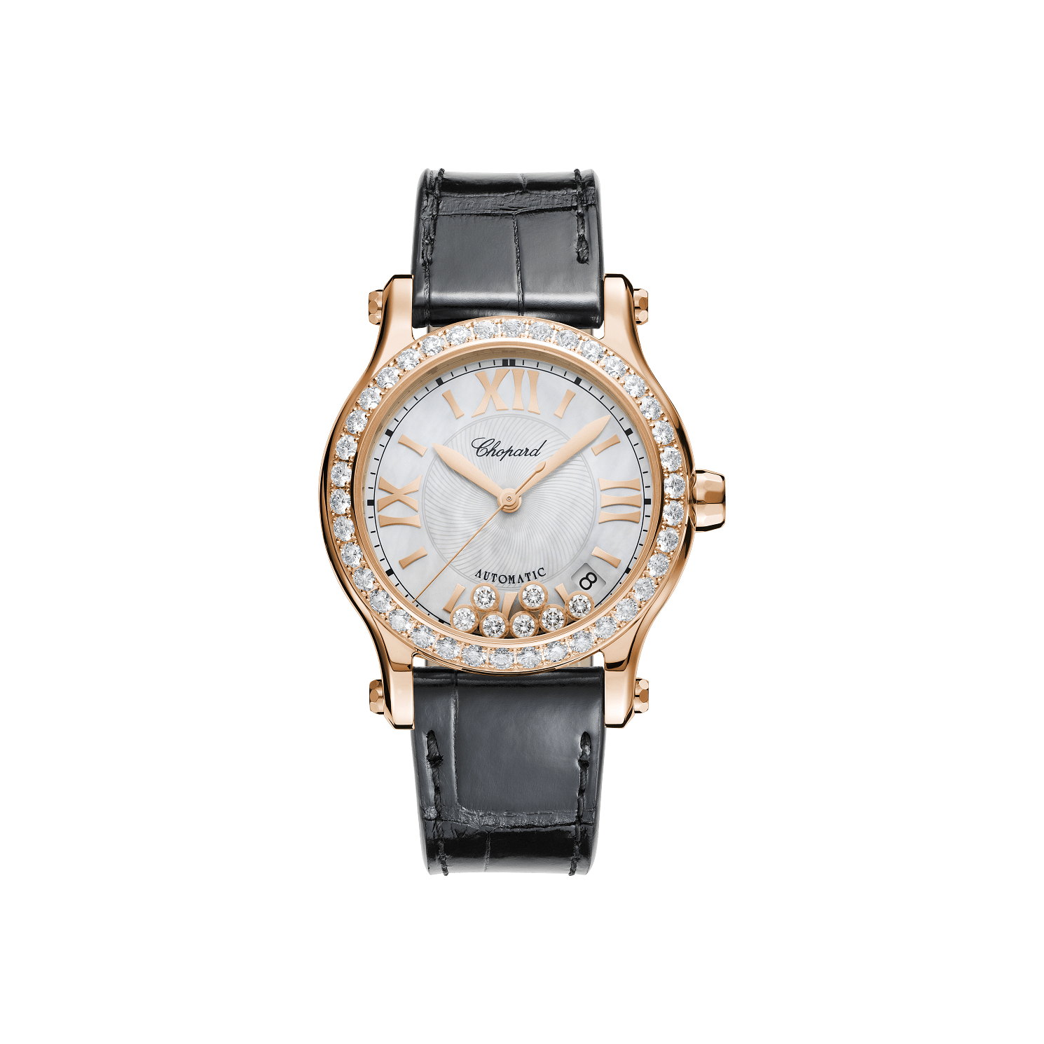 Chopard Happy Sport 36 mm White Mother-Of-Pearl Dial with Diamonds 18k Rose Gold   Leather Strap 274808-5006 - WATCHXNYC