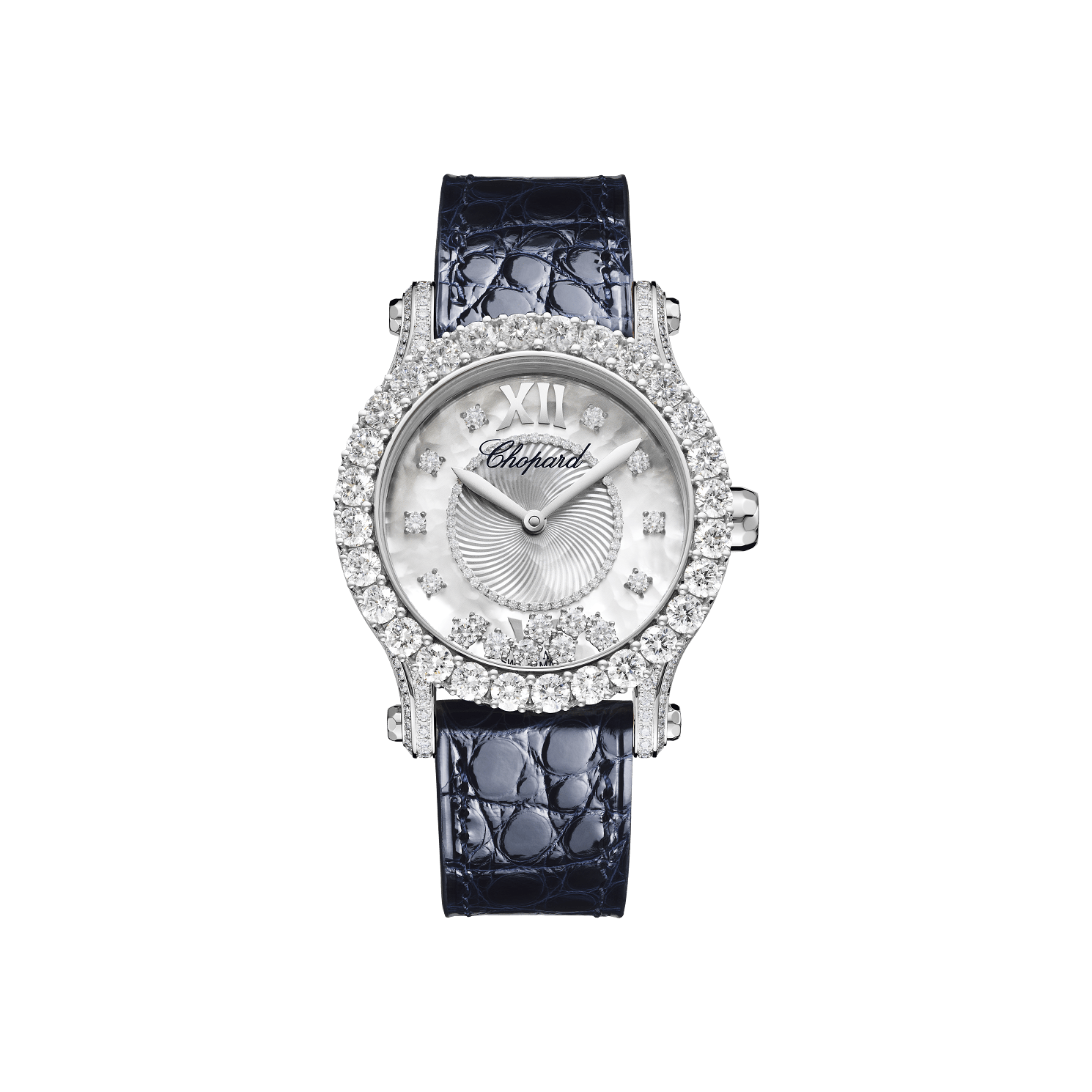 Chopard Happy Sport Joaillerie 36 mm White Mother-Of-Pearl Dial with Diamonds 18K White Gold   Leather Strap 274809-1001 - WATCHXNYC