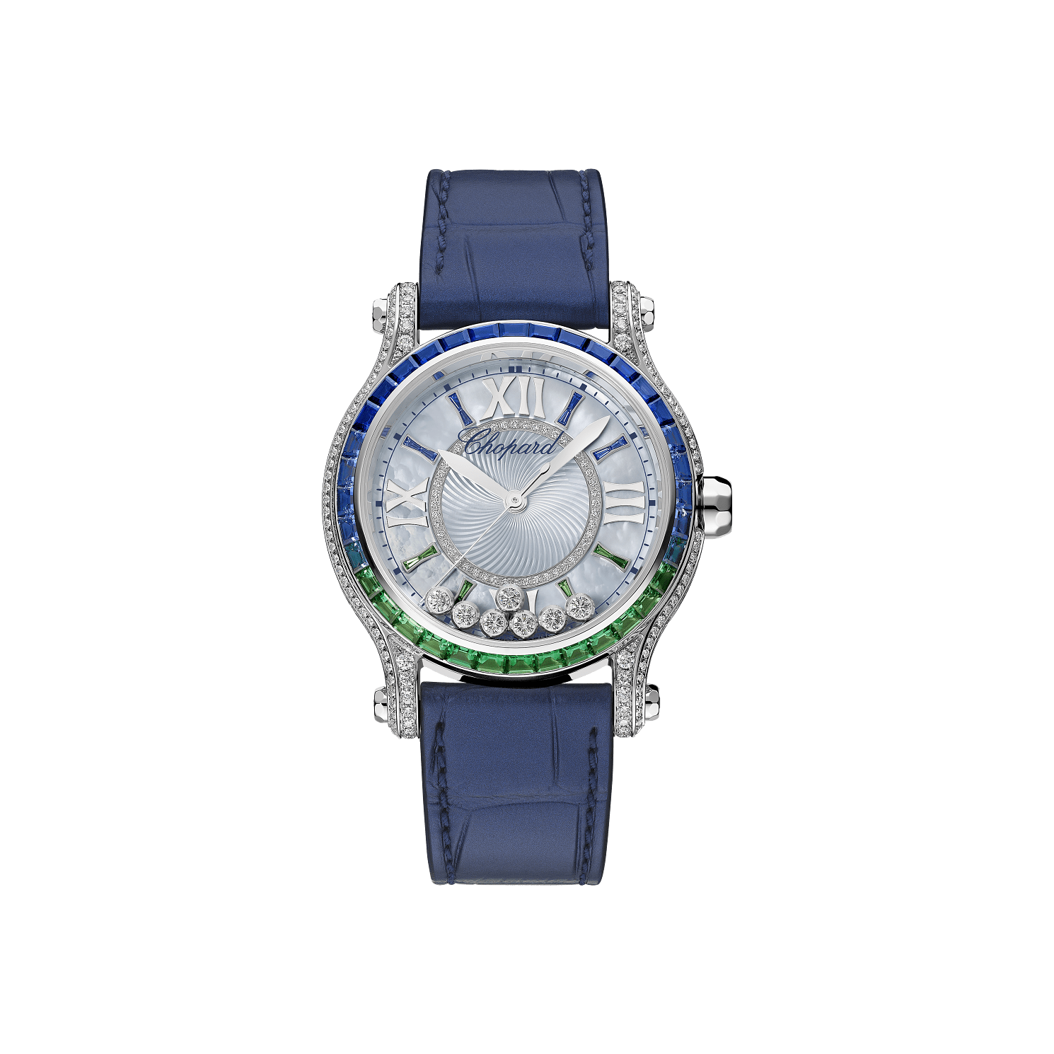 Chopard Happy Sport Laguna Verde 36 mm Textured Mother-Of-Pearl Dial with Diamonds 18K White Gold   Leather Strap 274891-1027 - WATCHXNYC