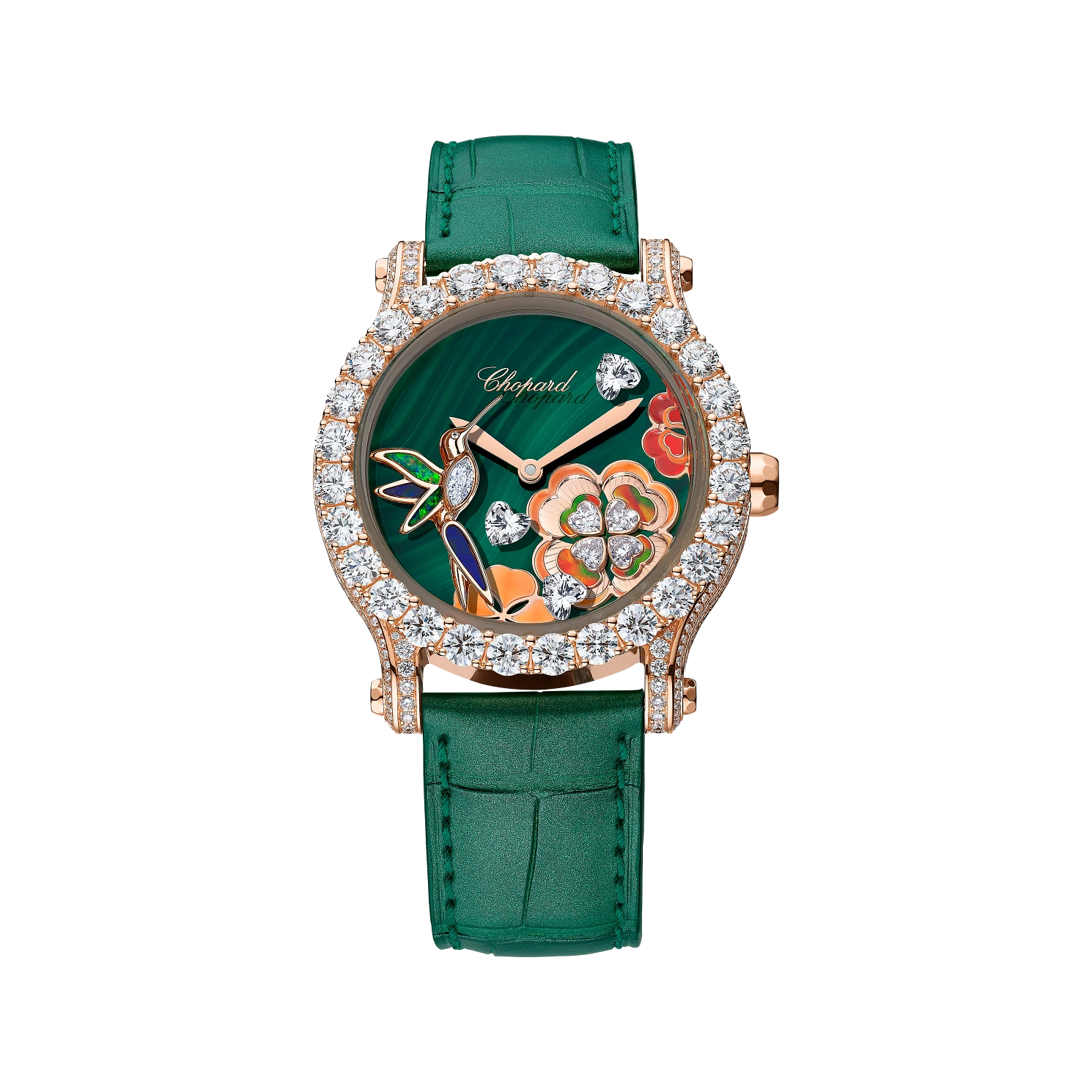 Chopard Happy Sport Métiers d'Art 40 mm Green Dial with Diamonds 18k Rose Gold   Leather Strap 274425-5002 - WATCHXNYC