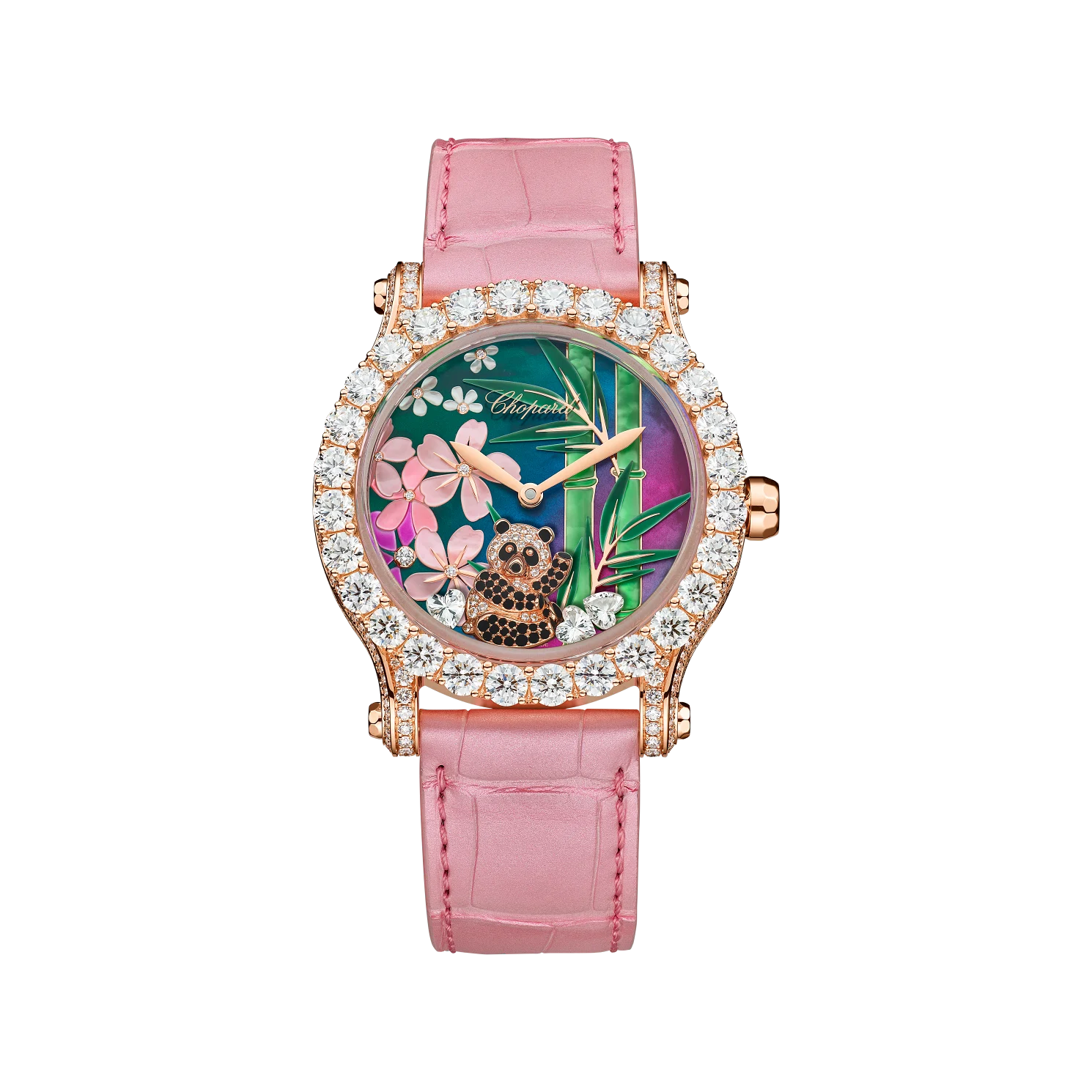 Chopard HAPPY SPORT MÉTIERS D'ART 40 mm Pink Dial with Diamonds 18k Rose Gold   Leather Strap 274425-5003 - WATCHXNYC