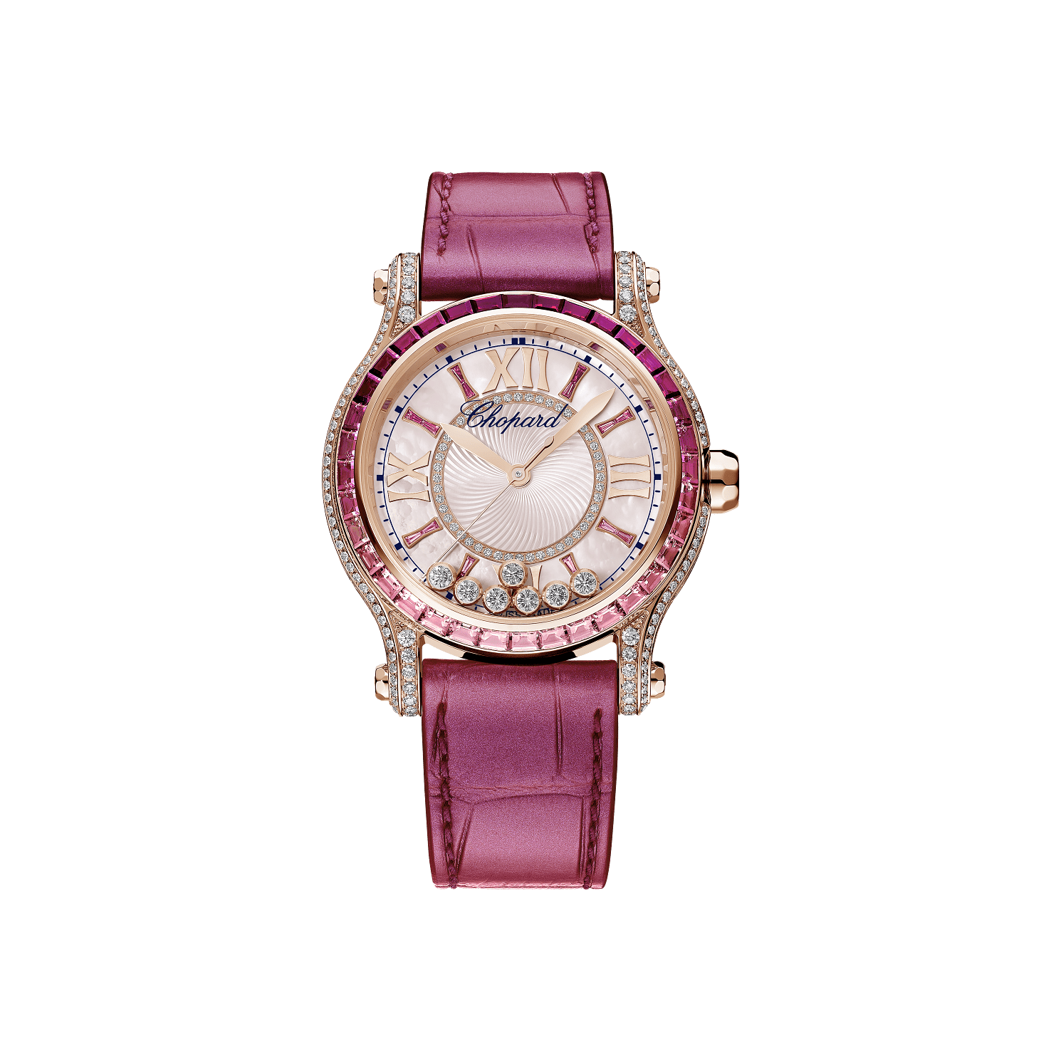 Chopard Happy Sport Rose de Caroline 36 mm Pink Mother-Of-Pearl Dial with Diamonds 18k Rose Gold   Leather Strap 274891-5025 - WATCHXNYC