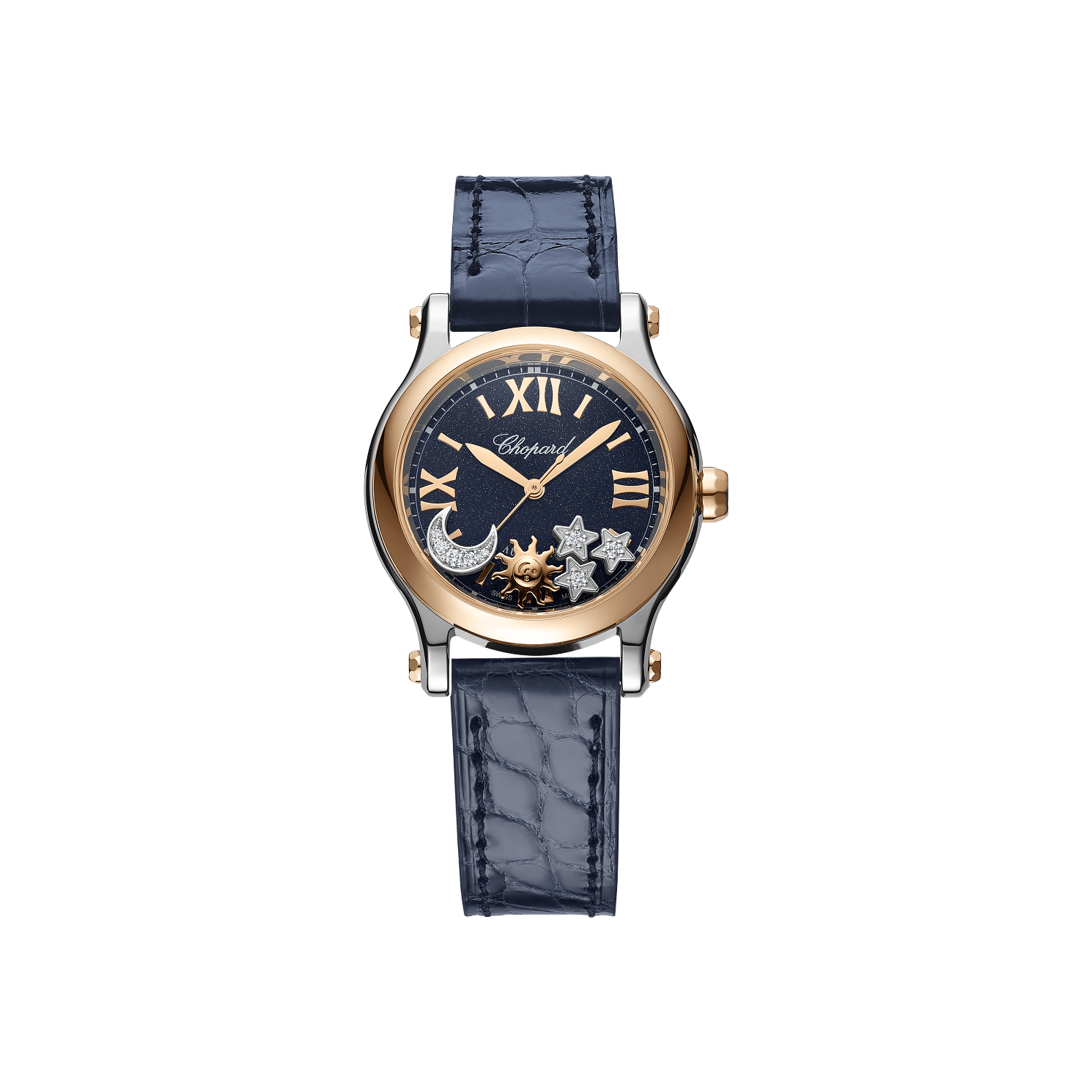 Chopard Happy Sport Sun, Moon and Stars 30 mm Blue Dial with Diamonds 18K Rose Gold And Stainless Steel   Leather Strap 278573-6027 - WATCHXNYC