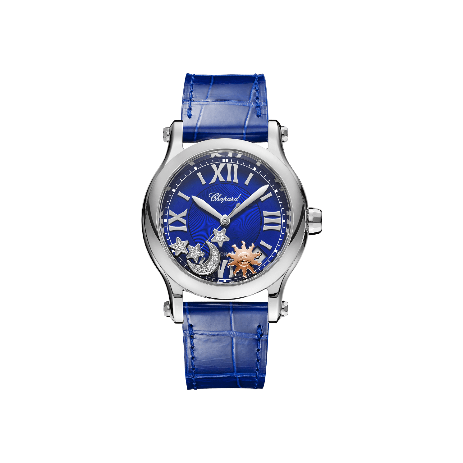 Chopard Happy Sport Sun, Moon and Stars 36 mm Blue Dial Stainless Steel   Leather Strap 278559-3011 - WATCHXNYC
