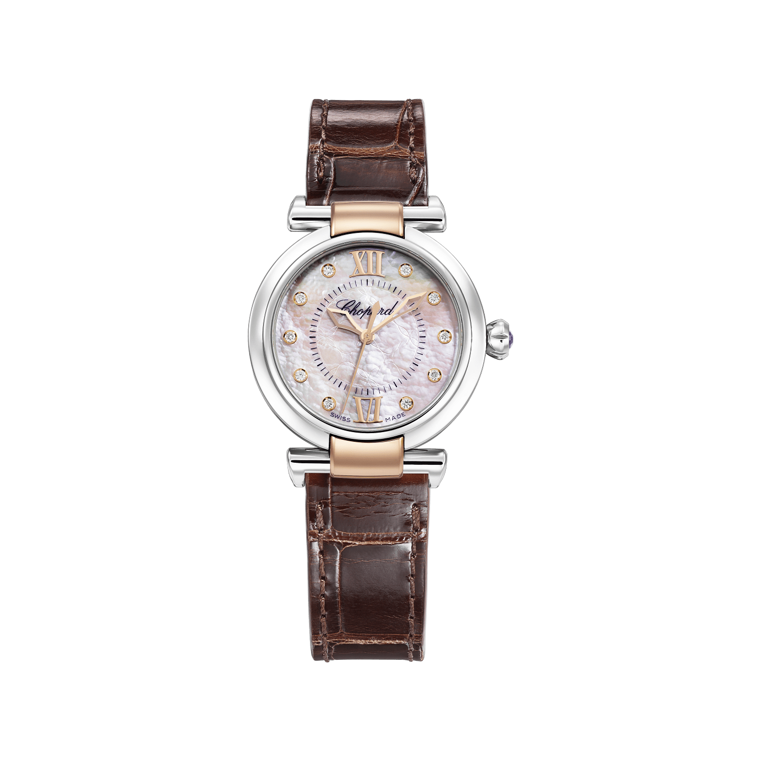 Chopard IMPERIALE 29 mm Mother-Of-Pearl Dial with Diamonds 18K Rose Gold And Stainless Steel   Leather Strap 388563-6013 - WATCHXNYC