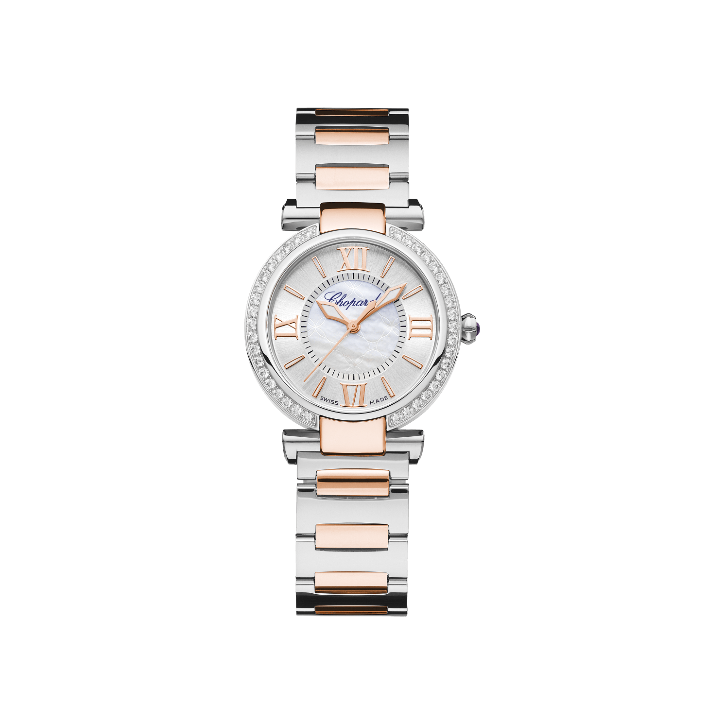 Chopard IMPERIALE 29 mm Silver Mother-Of-Pearl Dial with Diamonds 18K Rose Gold And Stainless Steel Bracelet 388563-6008 - WATCHXNYC