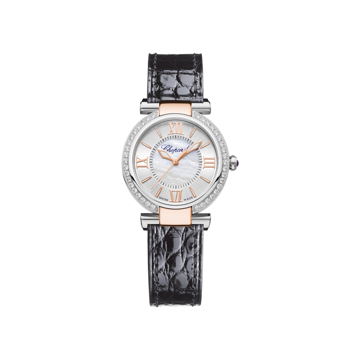 Chopard IMPERIALE 29 mm Silver Mother-Of-Pearl Dial with Diamonds 18K Rose Gold And Stainless Steel   Leather Strap 388563-6007 - WATCHXNYC