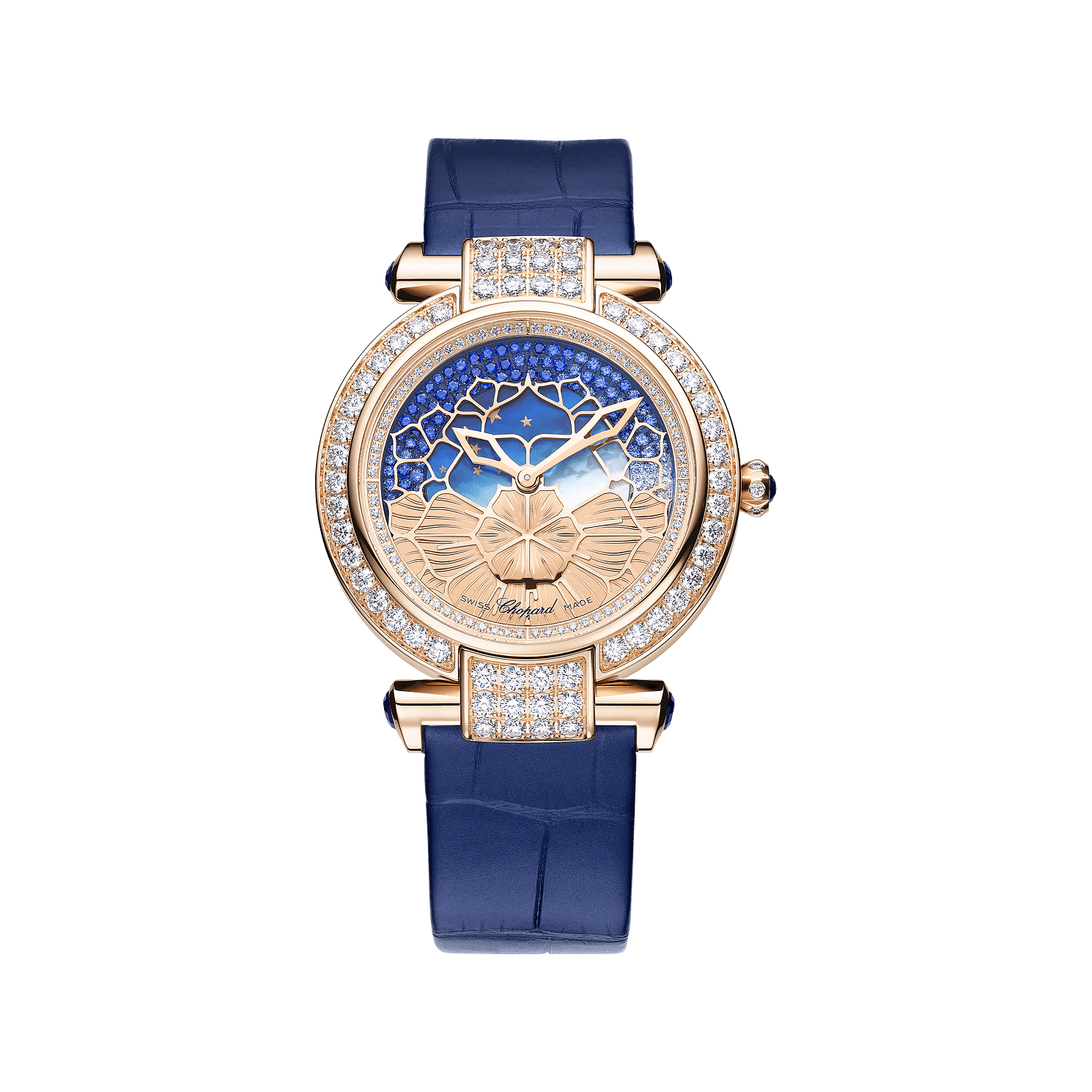 Chopard IMPERIALE Day & Night 36 mm Blue Dial with Diamonds 18k Rose Gold   Leather Strap 385388-5001 - WATCHXNYC