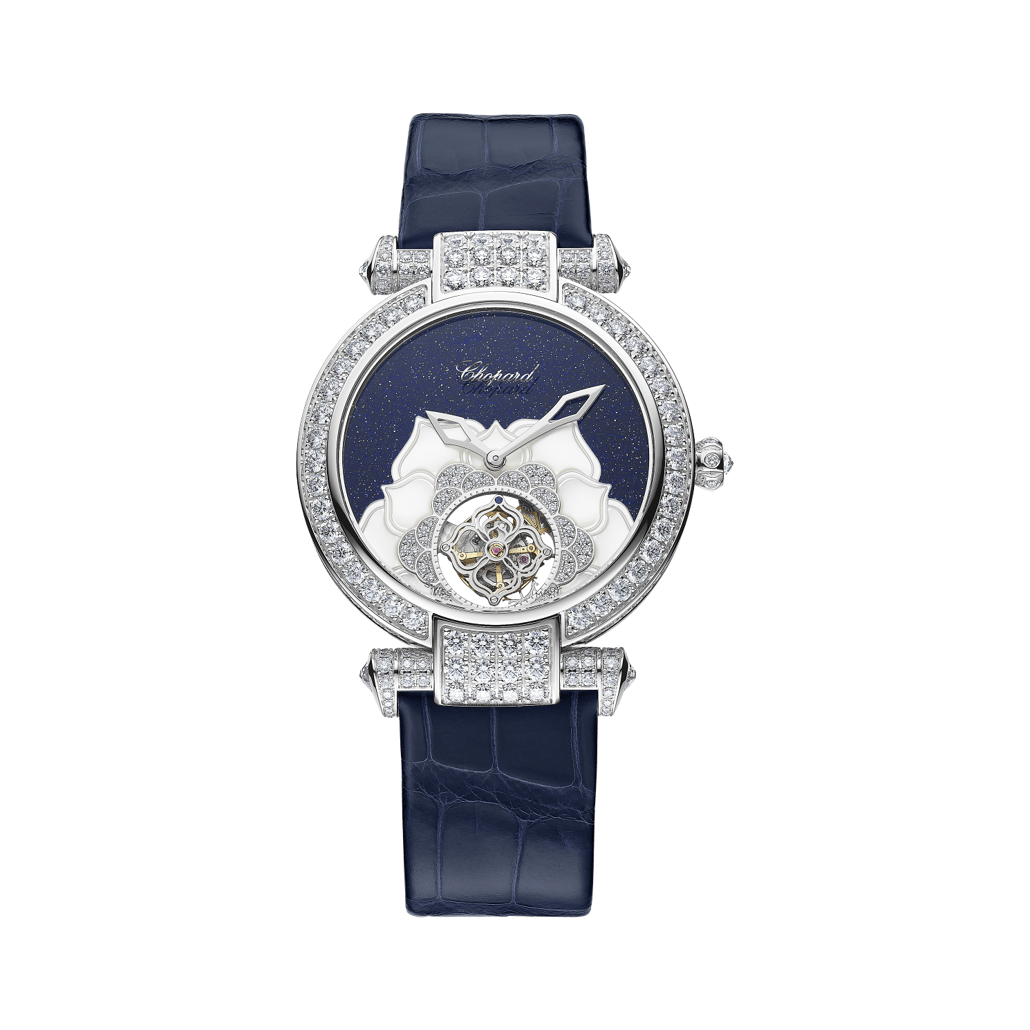 Chopard IMPERIALE Flying Tourbillon 36 mm Blue Dial with Diamonds 18K White Gold   Leather Strap 385389-1001 - WATCHXNYC