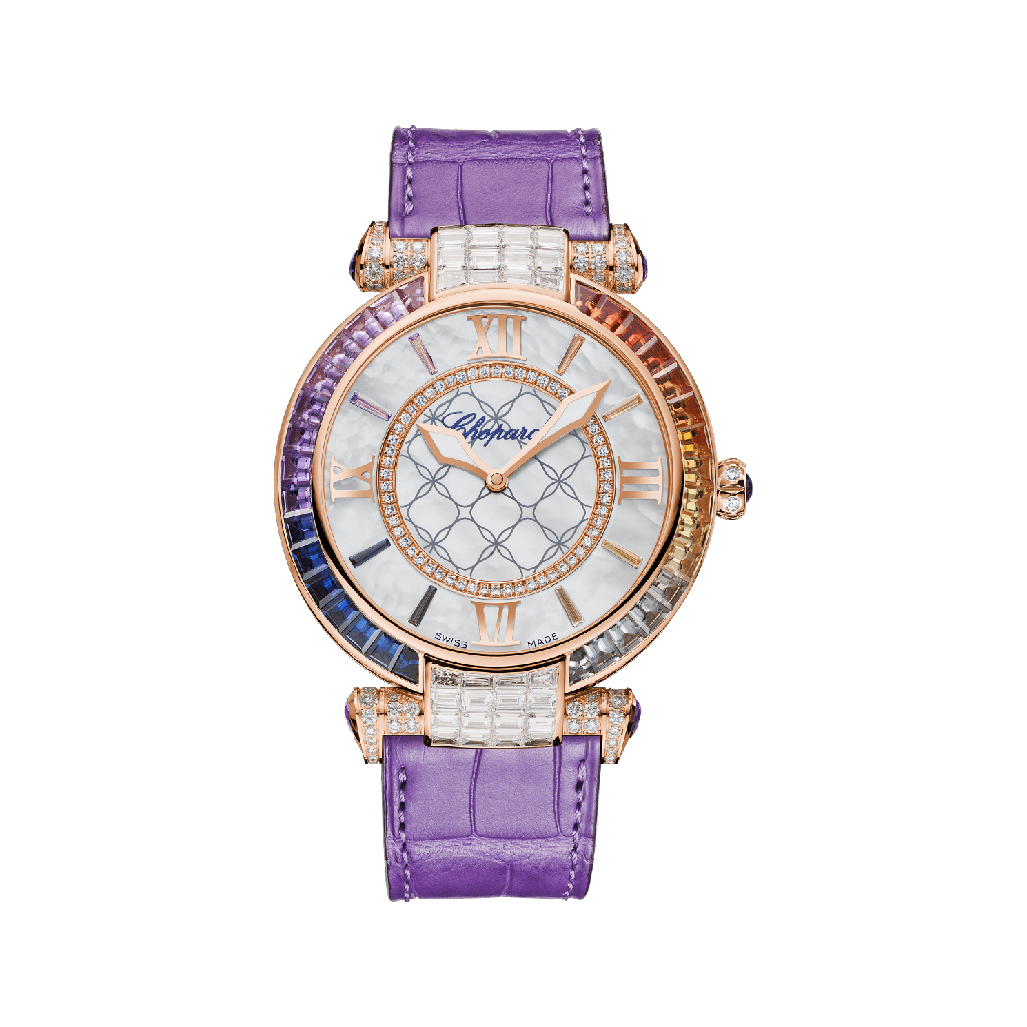 Chopard IMPERIALE Joaillerie Rainbow 40 mm White Mother-Of-Pearl Dial with Diamonds 18k Rose Gold   Leather Strap 384239-5009 - WATCHXNYC