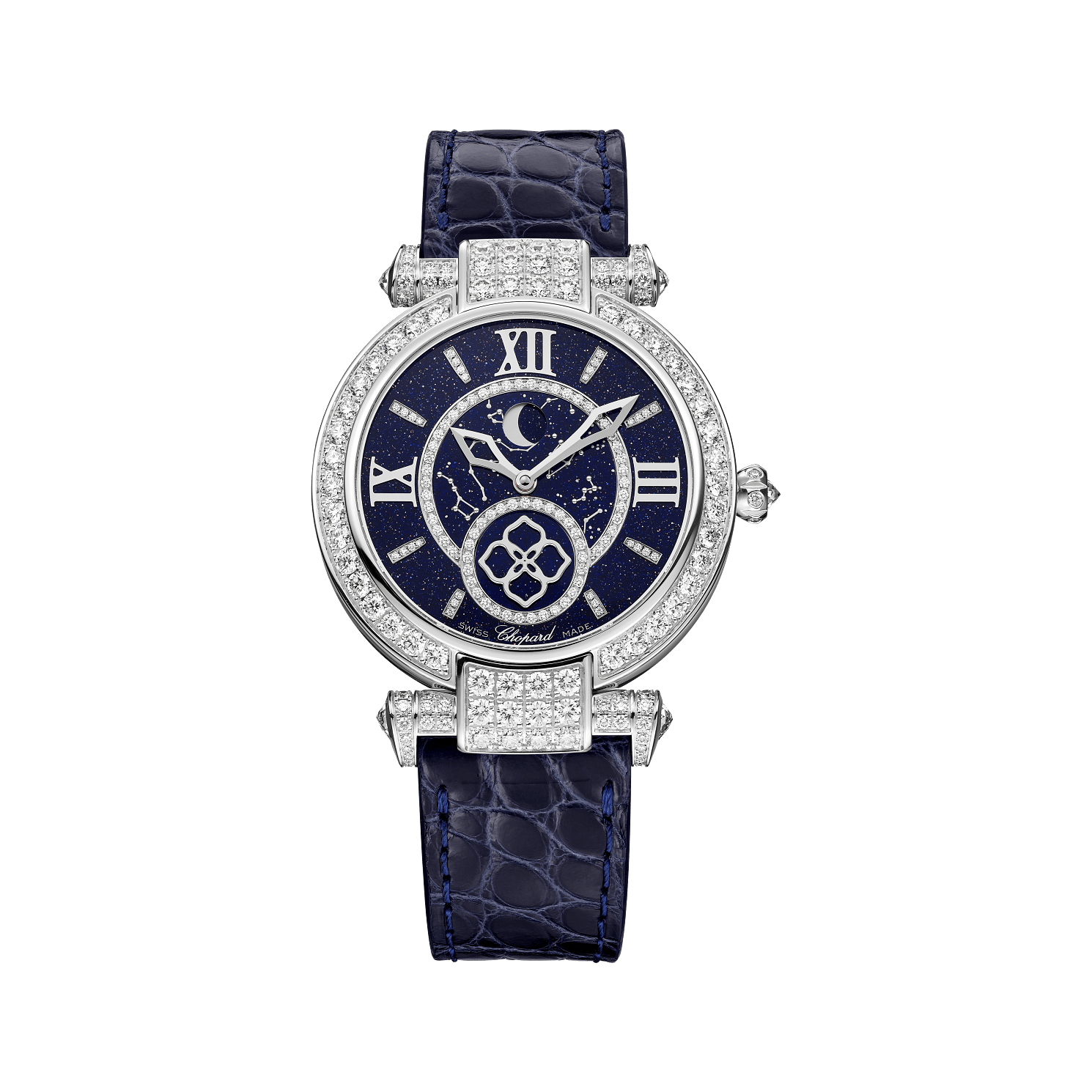 Chopard IMPERIALE Moonphase 36 mm Blue Dial with Diamonds 18K White Gold   Leather Strap 384246-1002 - WATCHXNYC