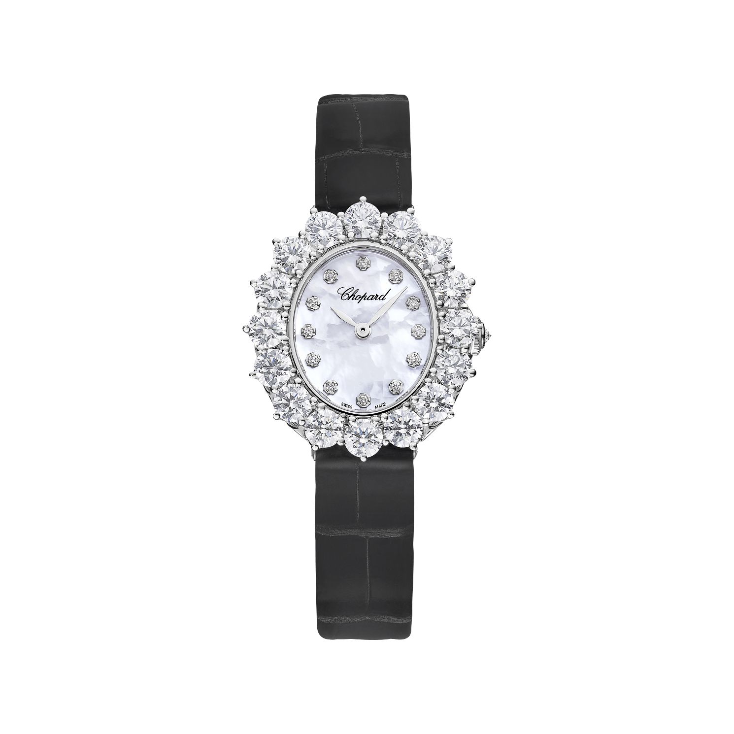 Chopard L'Heure du Diamant 30 x 27 mm White Mother-Of-Pearl Dial with Diamonds 18K White Gold   Leather Strap 13A393-1106 - WATCHXNYC