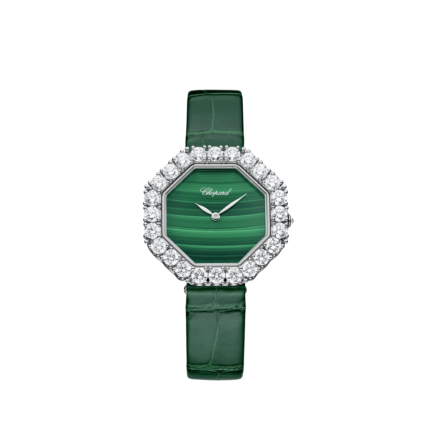 Chopard L'Heure Du Diamant Octagonal 32 mm Green Dial with Diamonds 18K White Gold   Leather Strap 13A097-1111 - WATCHXNYC