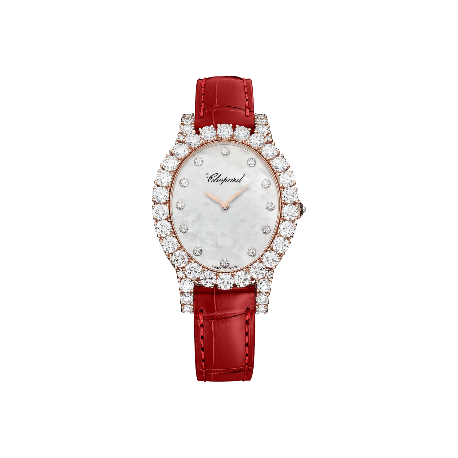 Chopard L'Heure du Diamant Oval 40 x 34 mm White Mother-Of-Pearl Dial with Diamonds 18k Rose Gold   Leather Strap 139383-5223 - WATCHXNYC