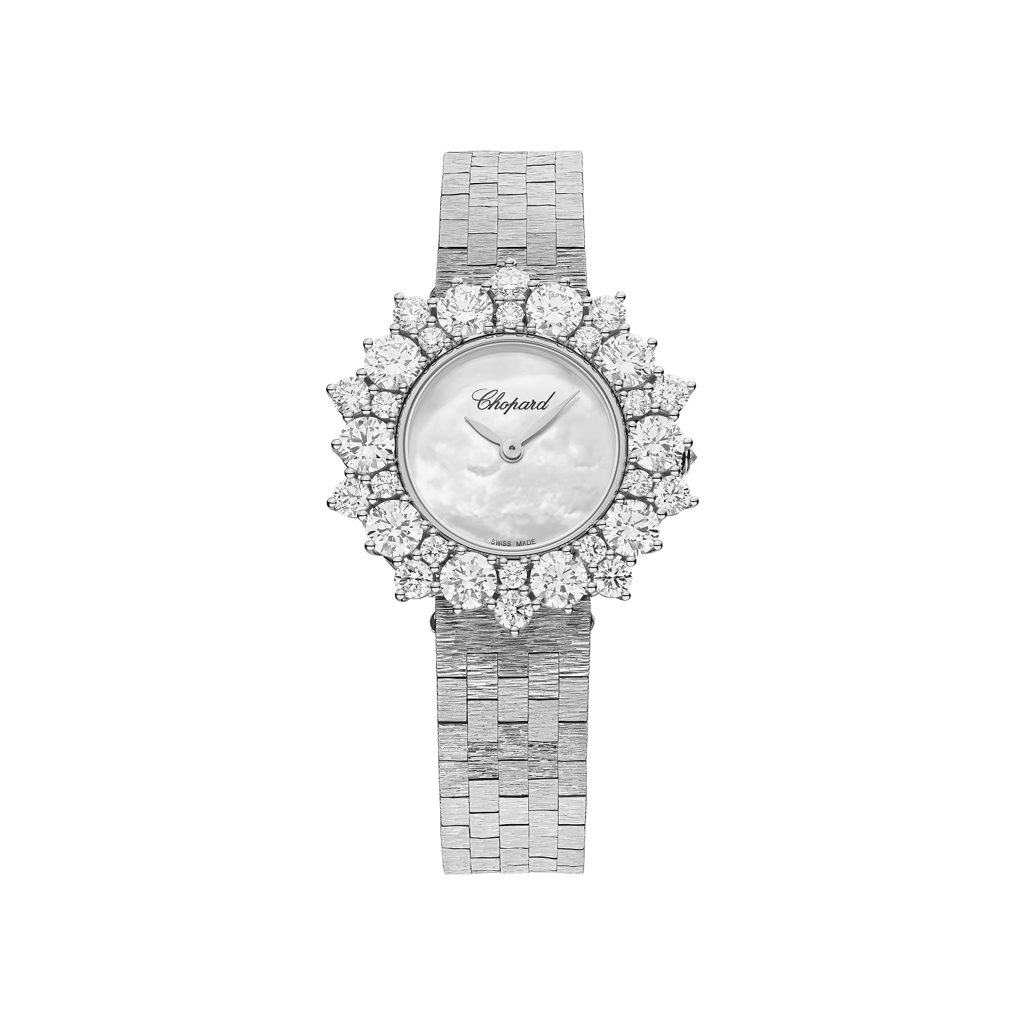 Chopard L'Heure du Diamant Round 30 mm Textured Mother-Of-Pearl Dial with Diamonds 18K White Gold Bracelet @10A391-1100 - WATCHXNYC