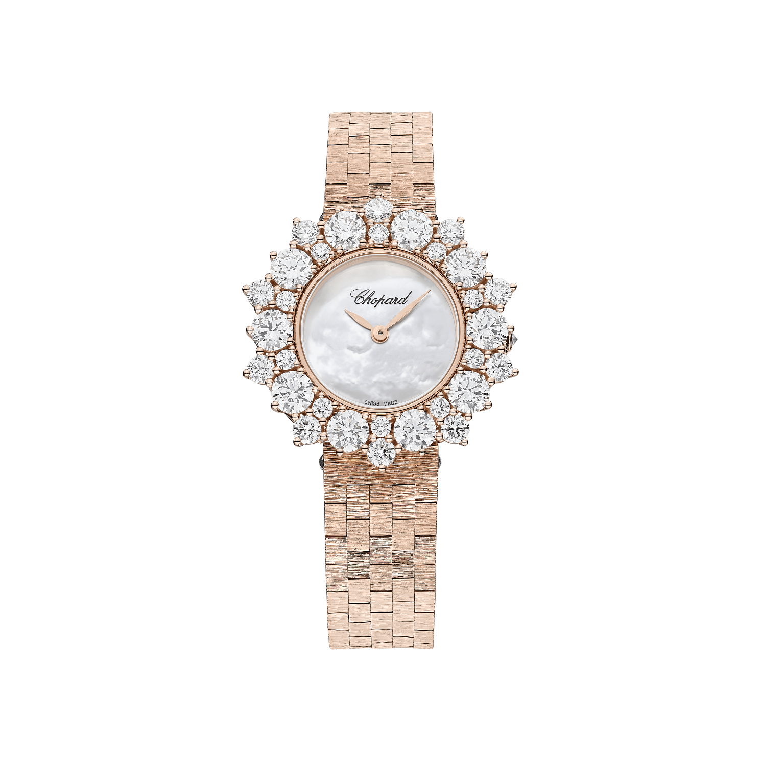 Chopard L'Heure du Diamant Round 30 mm White Mother-Of-Pearl Dial with Diamonds 18k Rose Gold Bracelet @10A391-5100 - WATCHXNYC