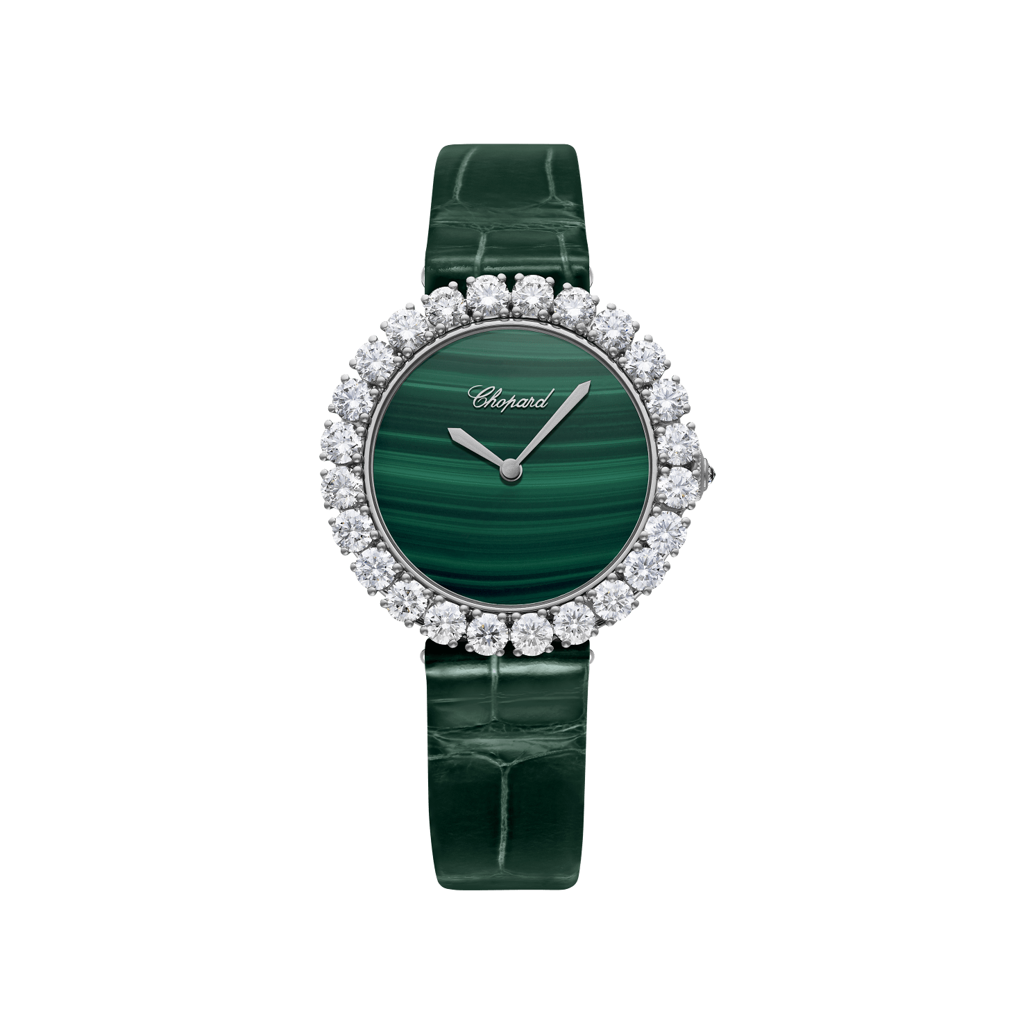 Chopard L'Heure du Diamant Vintage 35.75 mm Green Dial with Diamonds 18K White Gold   Leather Strap 13A419-1601 - WATCHXNYC