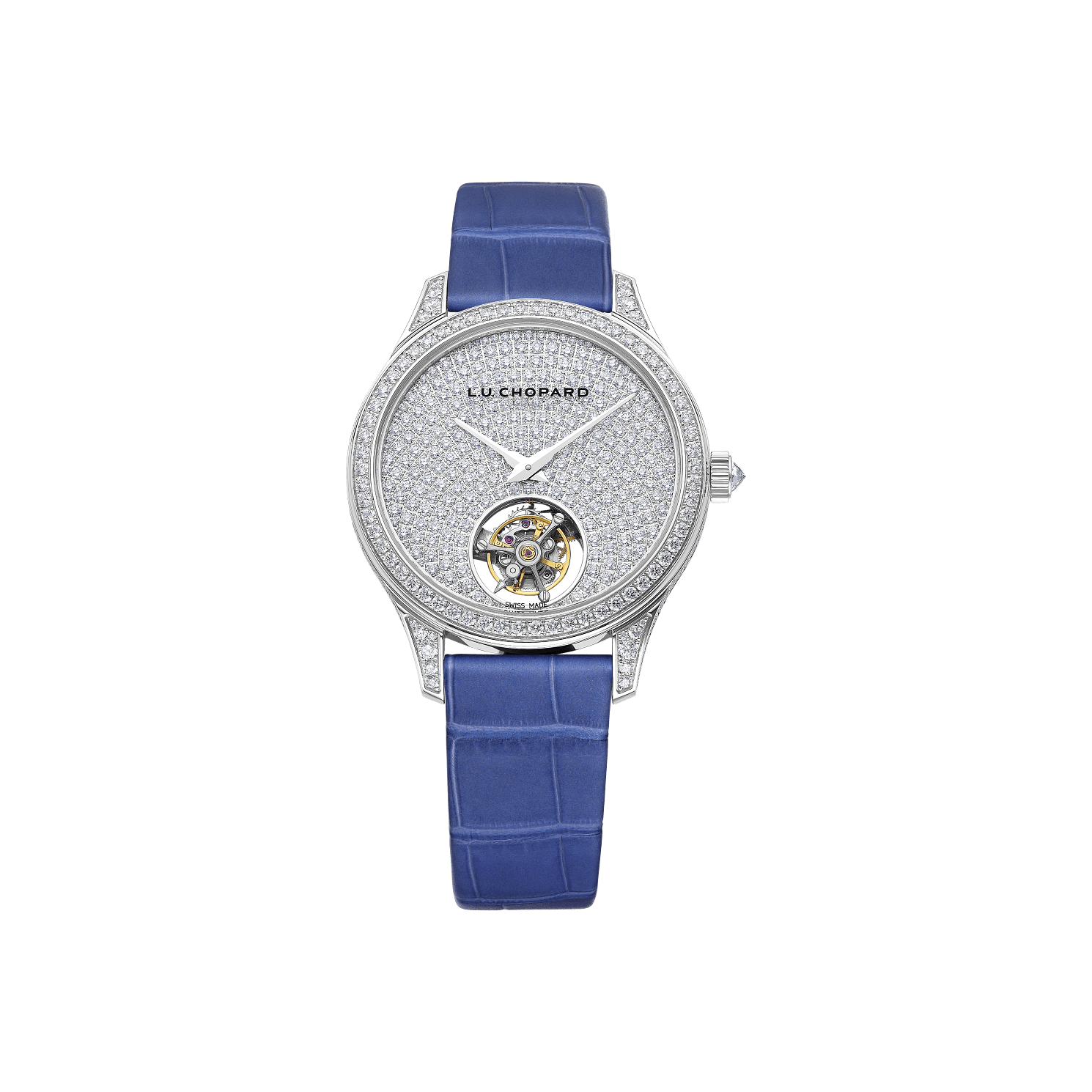 Chopard L.U.C Flying T Twin Ladies 35 mm Diamond Paved Dial Platinum   Leather Strap 131981-9001 - WATCHXNYC
