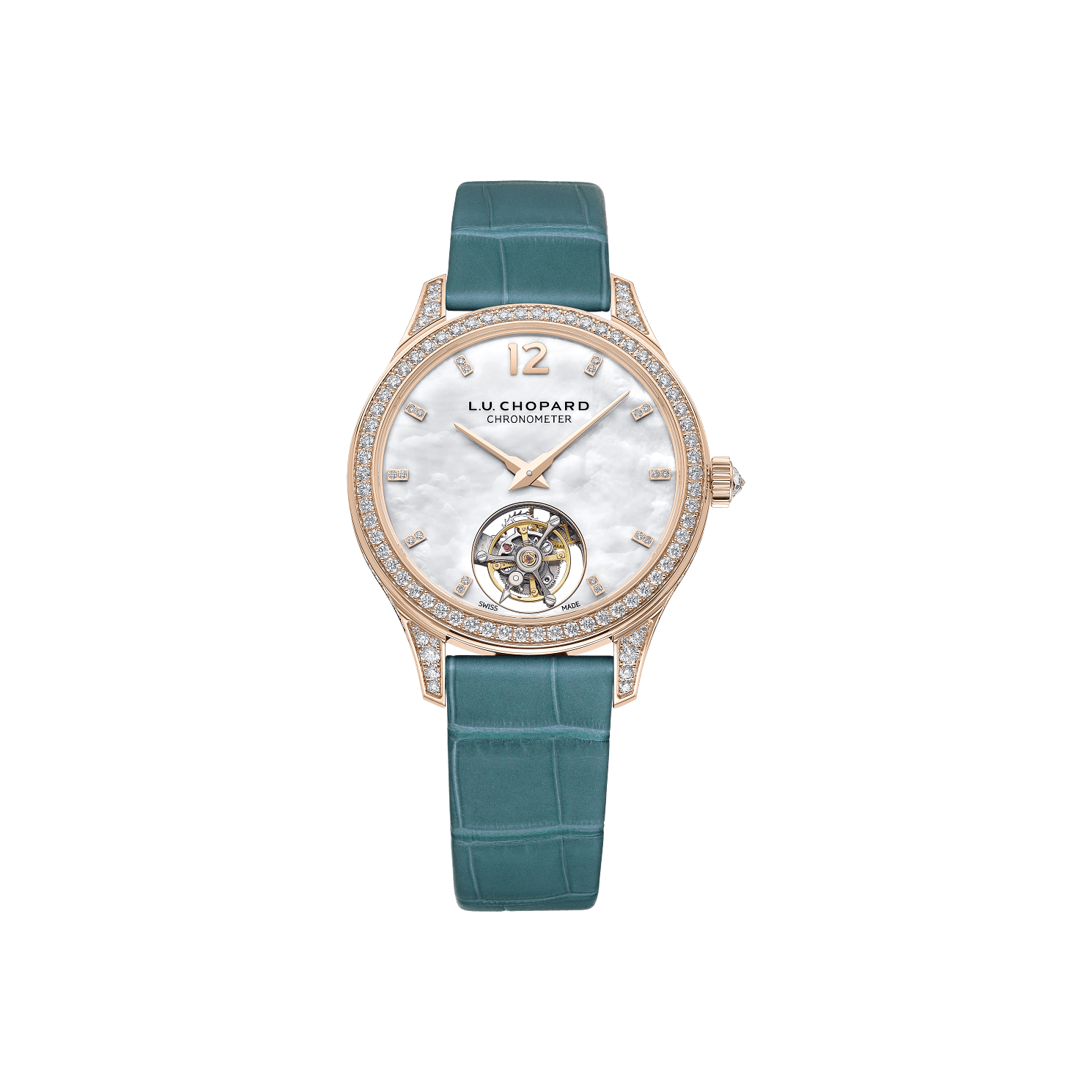Chopard L.U.C Flying T Twin Ladies 35 mm White Mother-Of-Pearl Dial with Diamonds 18k Rose Gold   Leather Strap 131981-5001 - WATCHXNYC