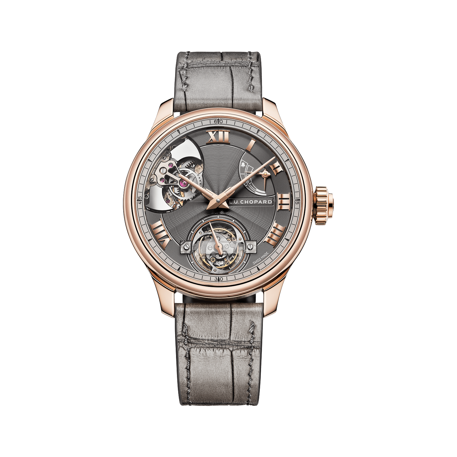 Chopard L.U.C Full Strike Tourbillon 42.5 mm Grey Dial 18k Rose Gold   Leather Strap 161987-5001 - WATCHXNYC