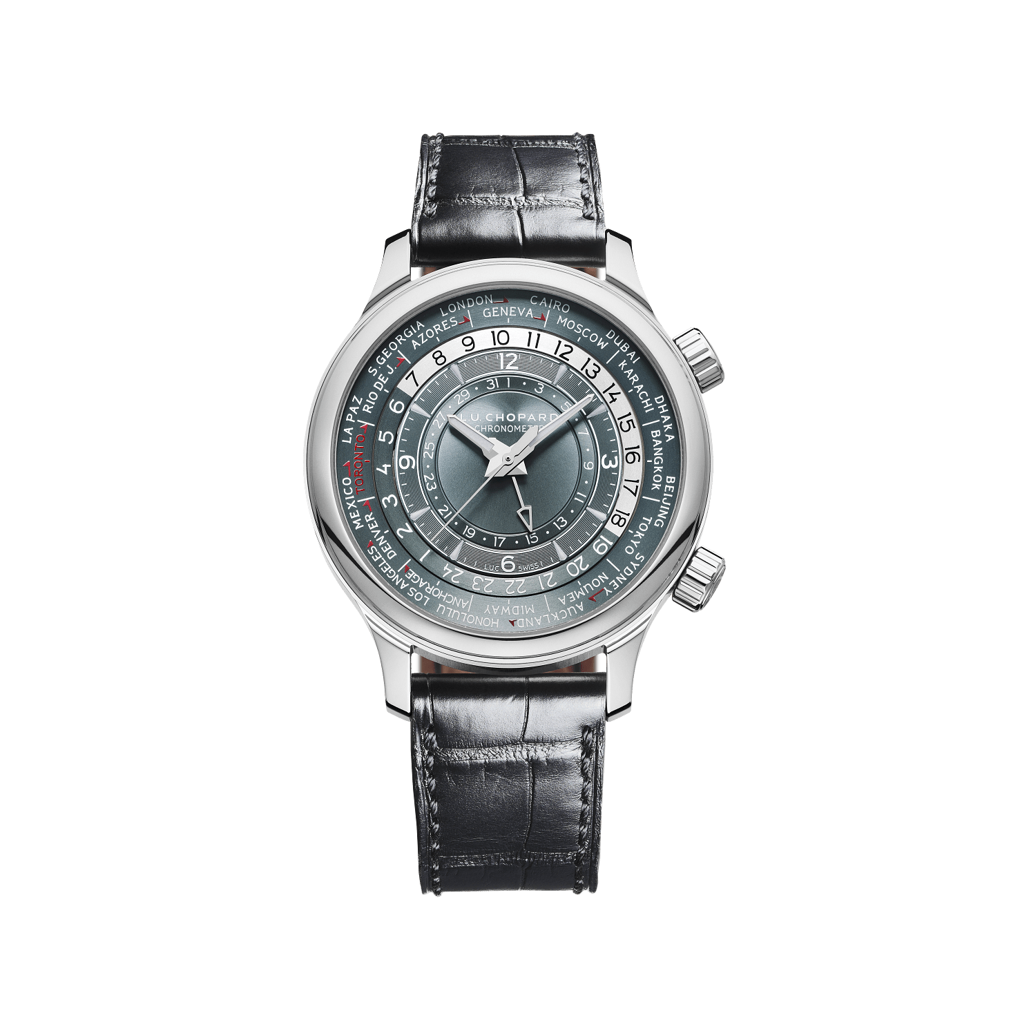 Chopard L.U.C Time Traveler One 42 mm Grey-Blue Dial Platinum   Leather Strap 161942-9001 - WATCHXNYC