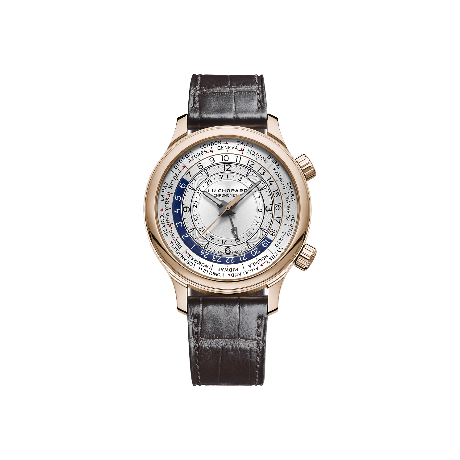 Chopard L.U.C Time Traveler One 42 mm Silver Dial 18k Rose Gold   Leather Strap 161942-5001 - WATCHXNYC