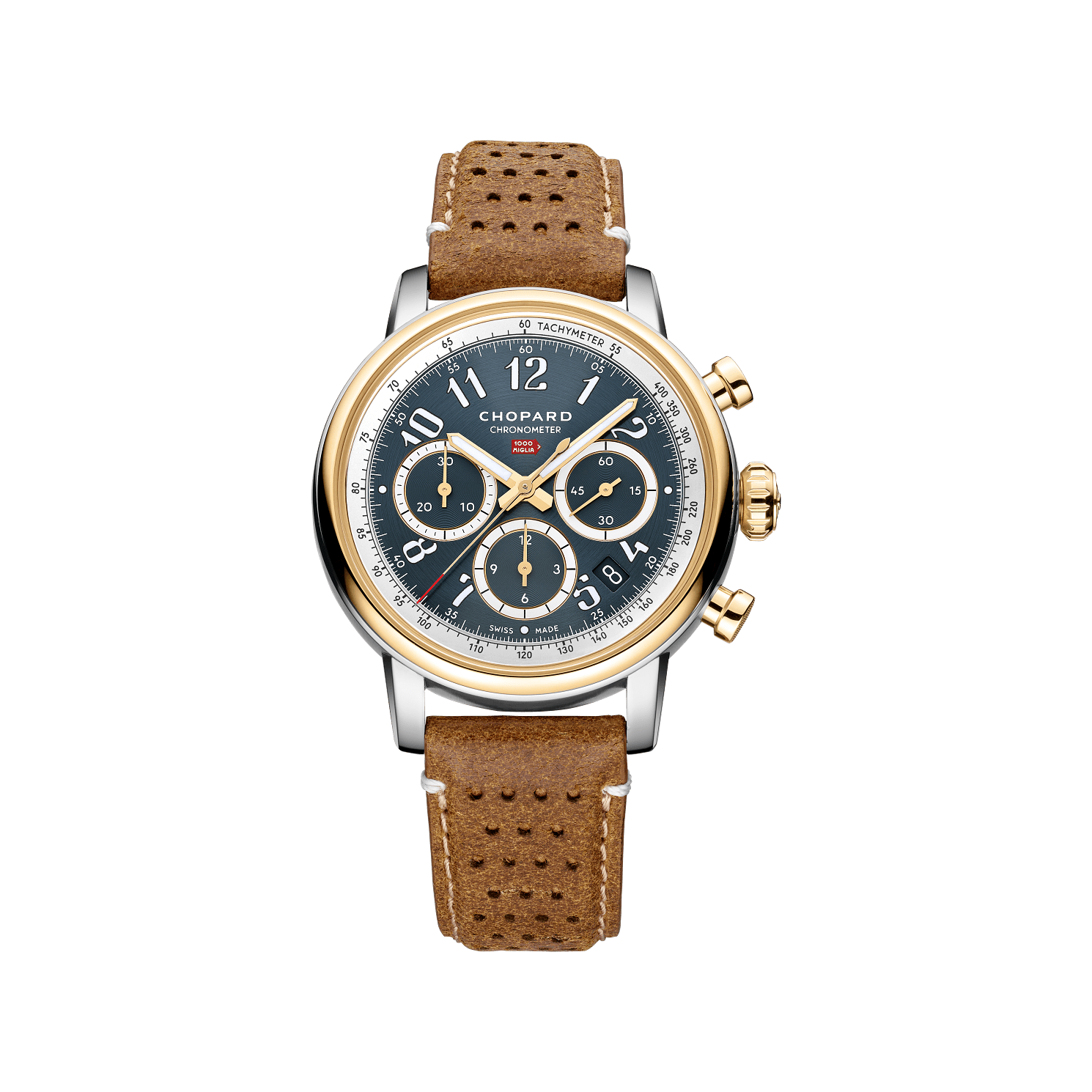 Chopard Mille Miglia Classic Chronograph 40.5 mm Blue Dial 18K Yellow Gold And Stainless Steel   Leather Strap 168619-4001 - WATCHXNYC