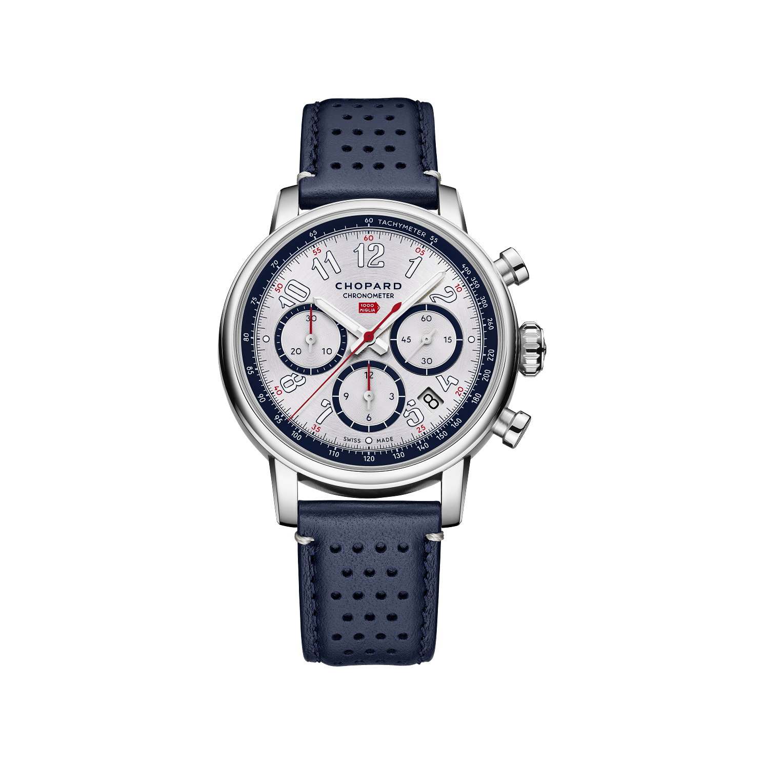 Chopard Mille Miglia Classic Chronograph "French Edition" 40.5 mm Silver Dial Stainless Steel   Leather Strap 168619-3007 - WATCHXNYC