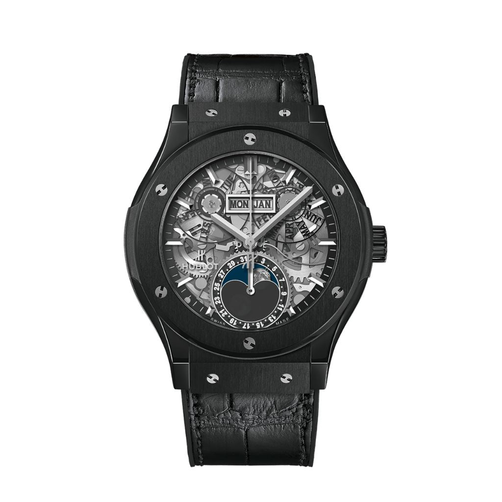 Hublot Classic Fusion Aerofusion Moonphase Black Magic 42 mm Transparent Dial Black Ceramic   Leather Strap 547.CX.0170.LR - WATCHXNYC