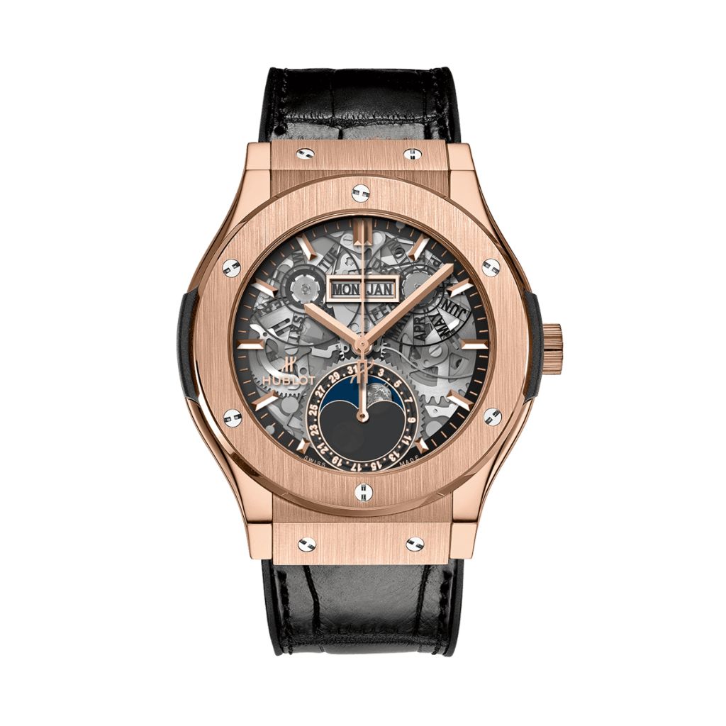 Hublot Classic Fusion Aerofusion Moonphase King Gold 42 mm Transparent Dial 18K King Gold   Leather Strap 547.OX.0180.LR - WATCHXNYC