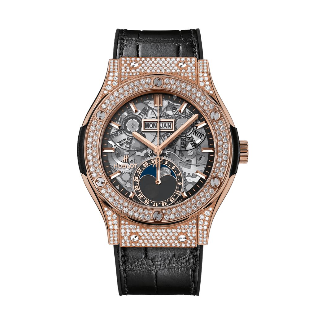 Hublot Classic Fusion Aerofusion Moonphase King Gold Pavé 42 mm Transparent Dial with Diamonds 18K King Gold   Leather Strap 547.OX.0180.LR.1704 - WATCHXNYC