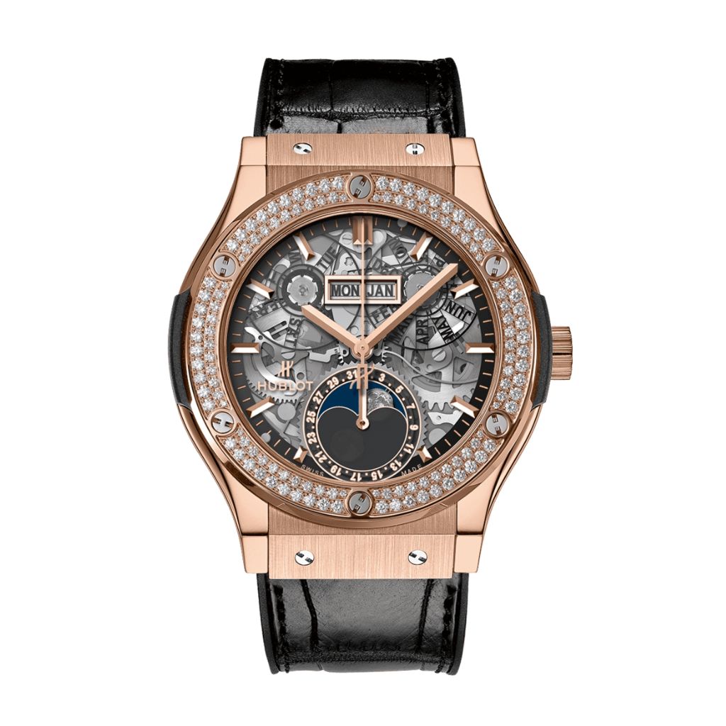 Hublot Classic Fusion Aerofusion Moonphase King with Diamonds Gold Diamonds 42 mm Transparent Dial 18K King Gold   Leather Strap 547.OX.0180.LR.1104 - WATCHXNYC