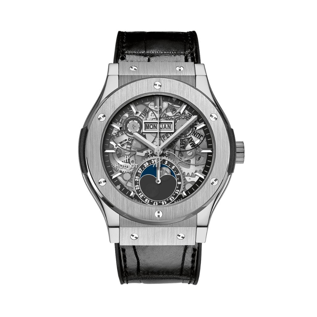 Hublot Classic Fusion Aerofusion Moonphase Titanium 42 mm Transparent Dial Polished Titanium   Leather Strap 547.NX.0170.LR - WATCHXNYC