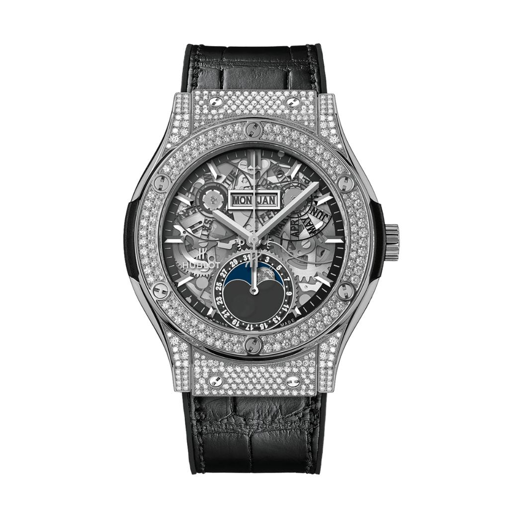 Hublot Classic Fusion Aerofusion Moonphase Titanium Diamonds 42 mm Transparent Dial with Diamonds Polished Titanium   Leather Strap 547.NX.0170.LR.1104 - WATCHXNYC