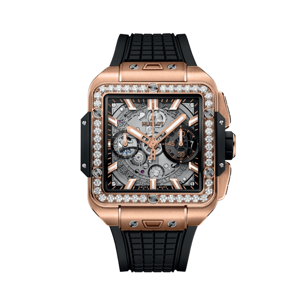Hublot Square Bang Unico King Gold Diamonds 42 mm Transparent Dial with Diamonds Polished 18K King Gold Rubber Strap 821.OX.0180.RX.1204 - WATCHXNYC